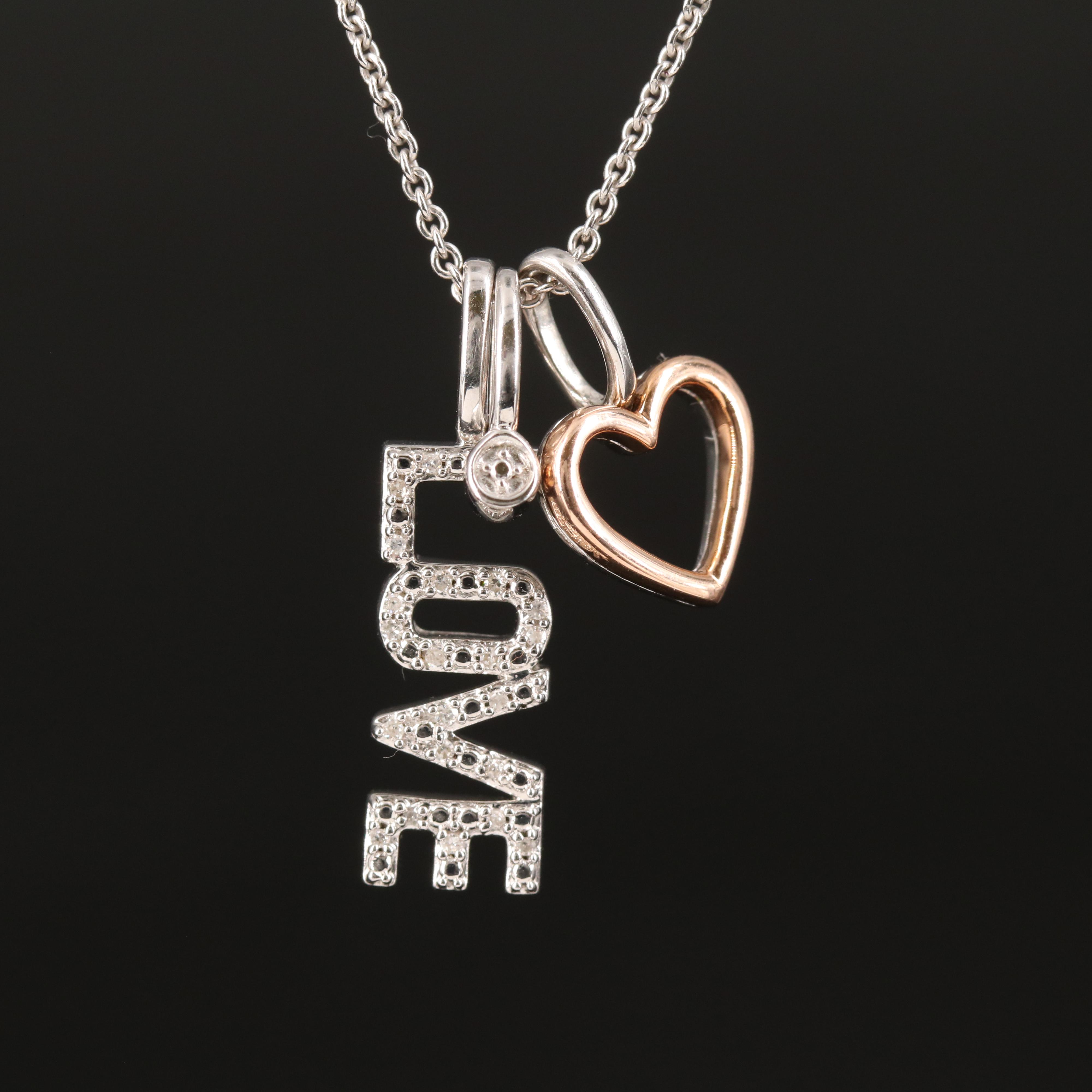 Sterling Diamond Charm Necklace with "LOVE" and 10K Rose Gold Heart Accent