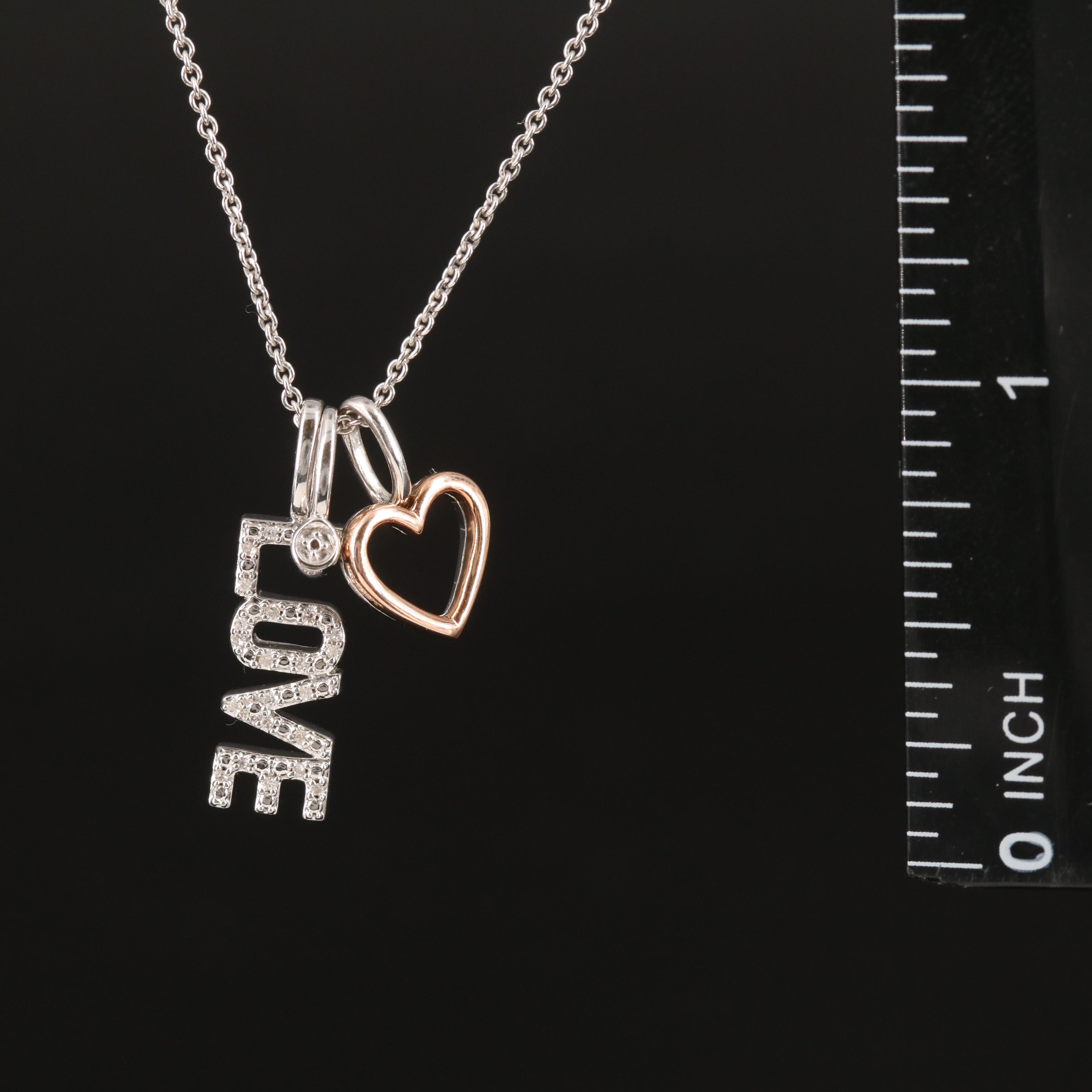 Sterling Diamond Charm Necklace with "LOVE" and 10K Rose Gold Heart Accent