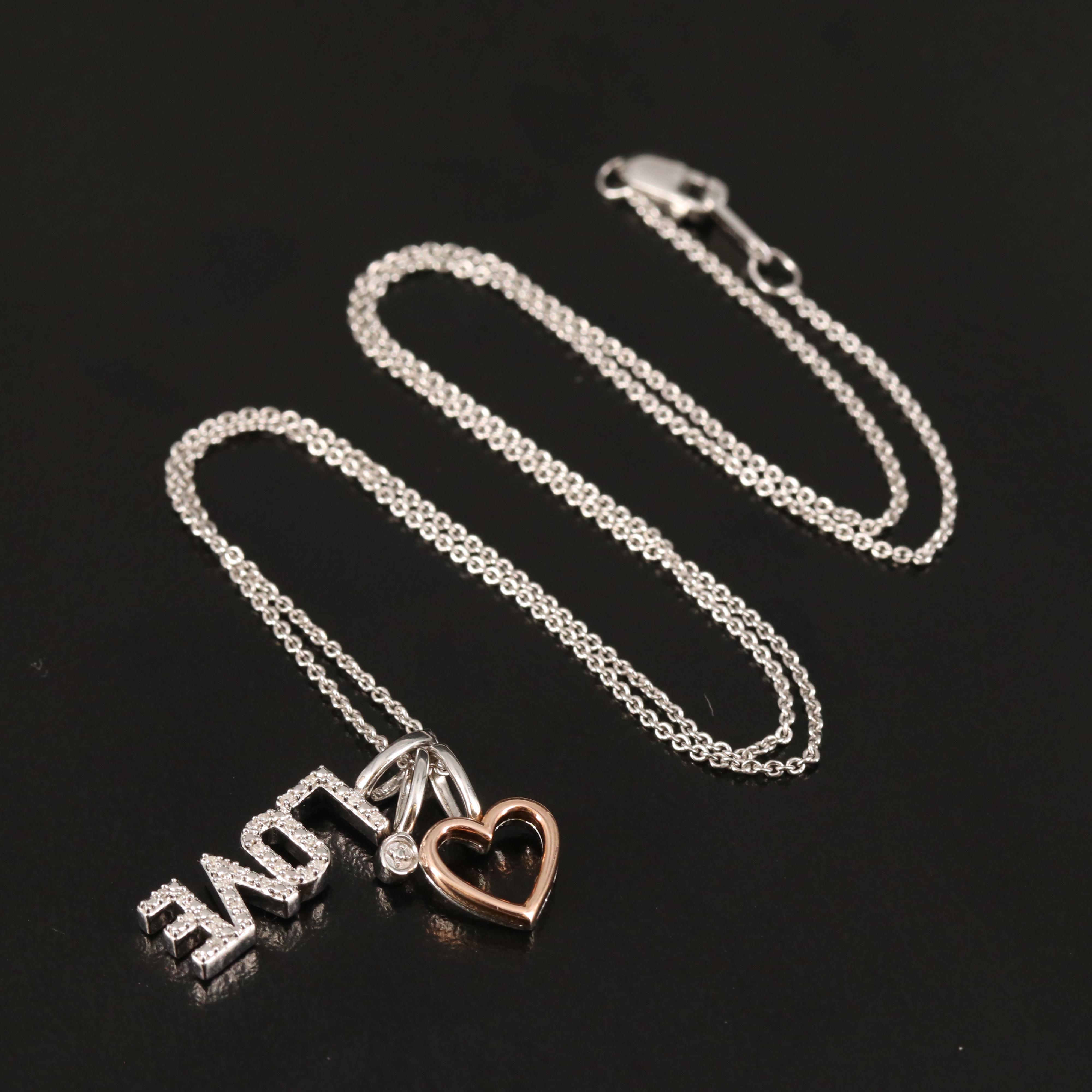 Sterling Diamond Charm Necklace with "LOVE" and 10K Rose Gold Heart Accent