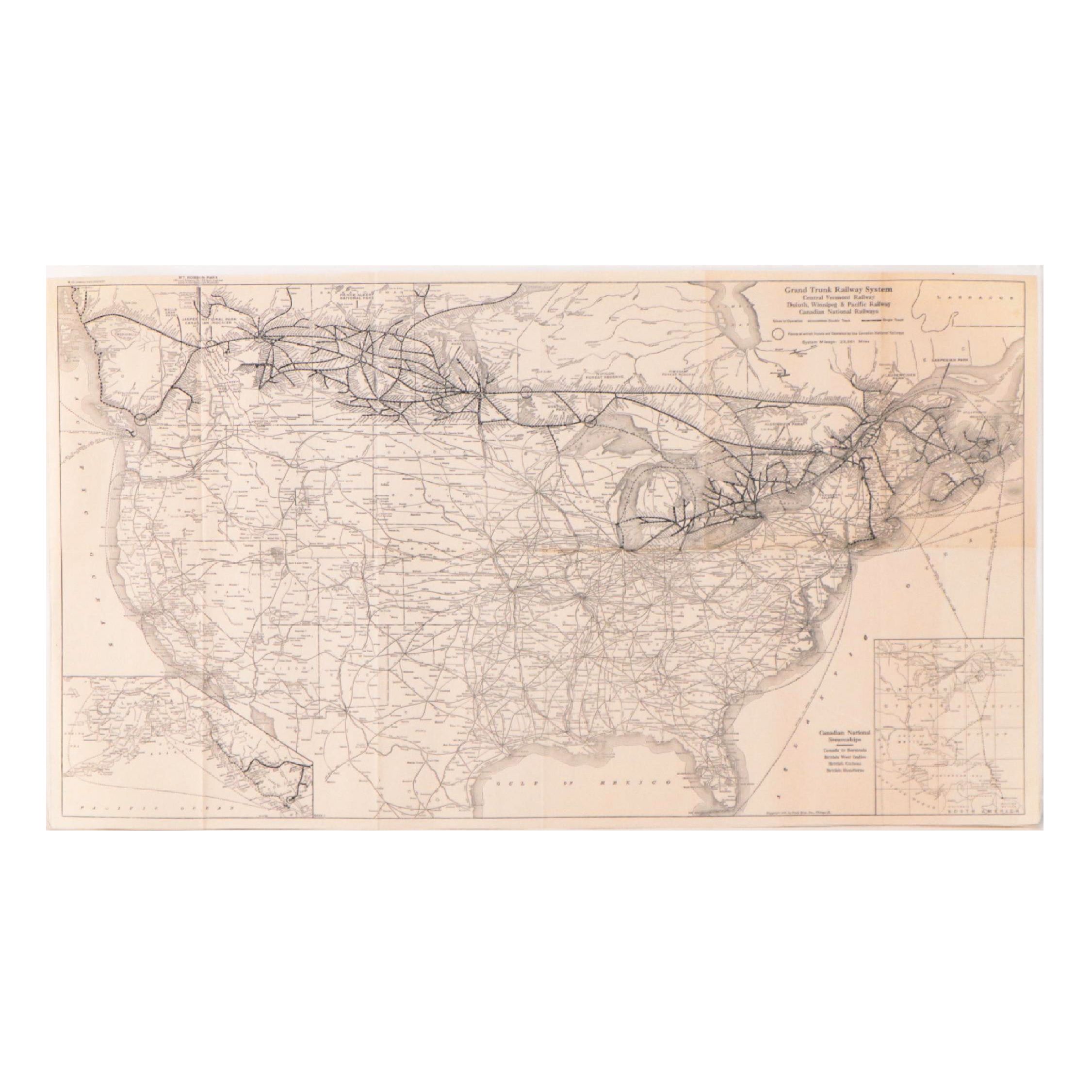 Poole Bros. Inc, Fold Out Map of North America Railway Systems, Circa 1936