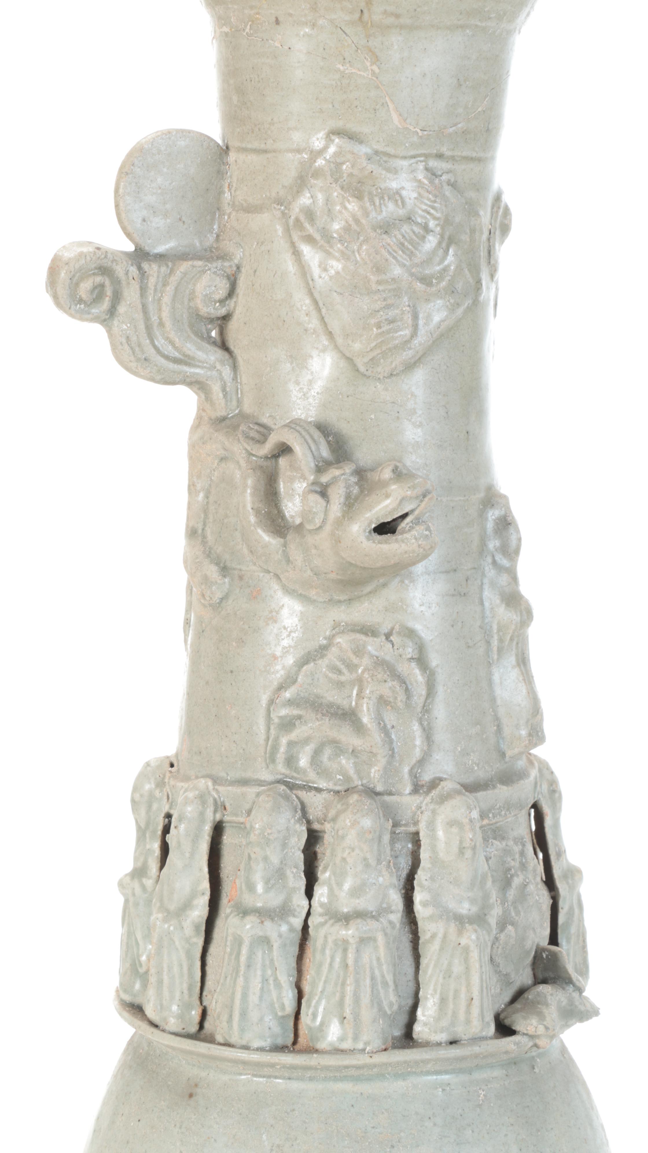 Pair of Chinese Celadon Glazed Earthenware Funerary Urns, Probably Southern Song