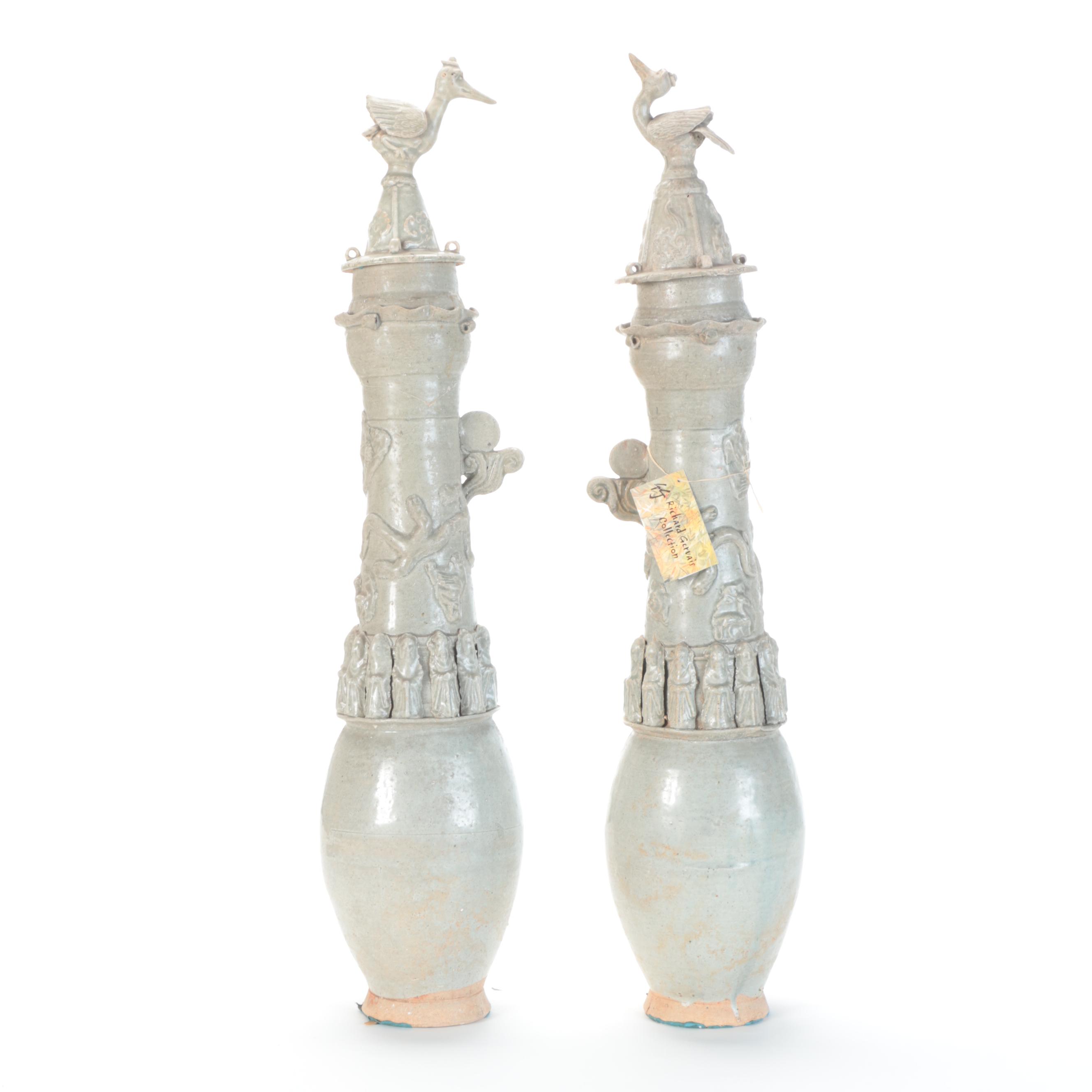 Pair of Chinese Celadon Glazed Earthenware Funerary Urns, Probably Southern Song