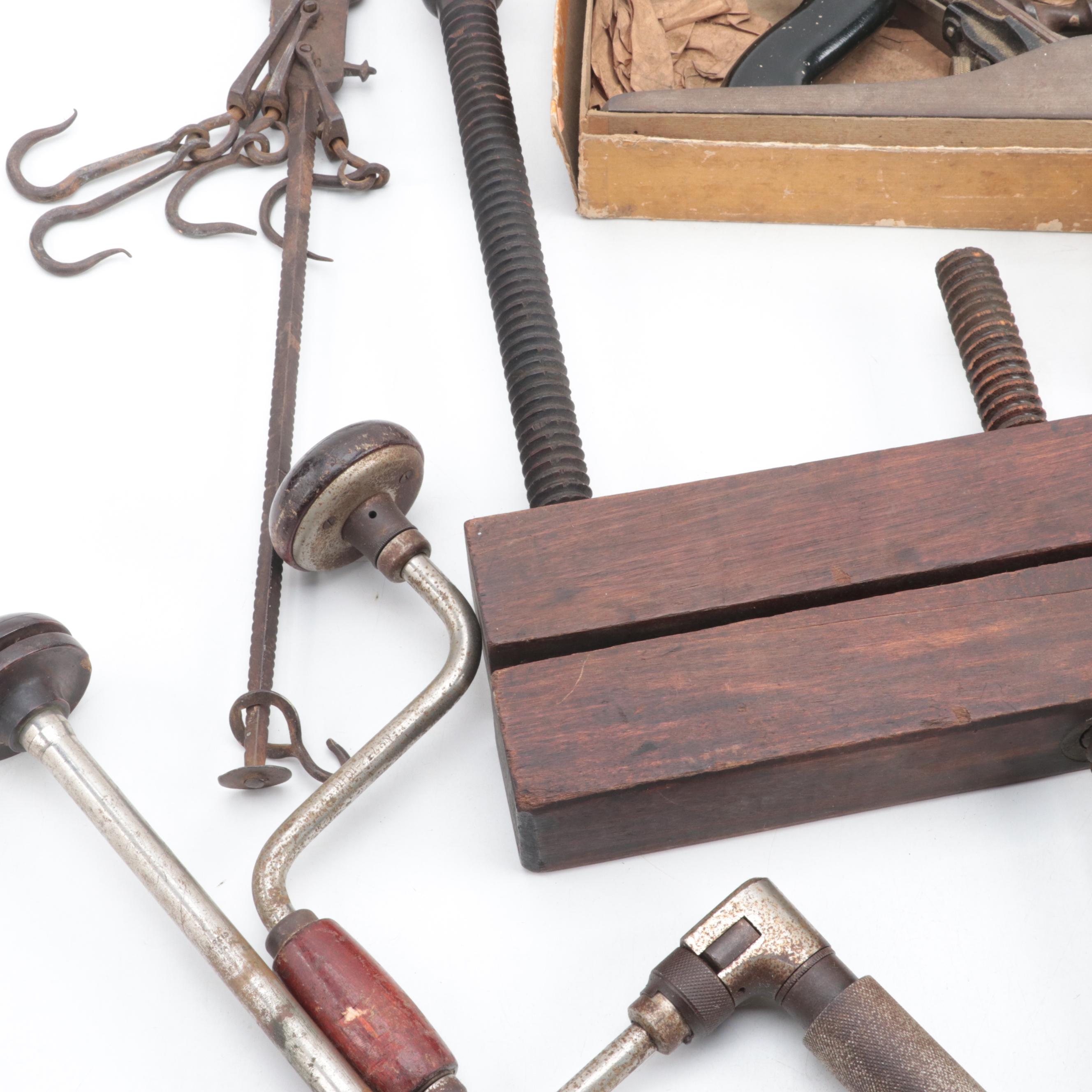 Brace Drill, Hand Drills, Stanley Block Plane With Wooden Clamp, More