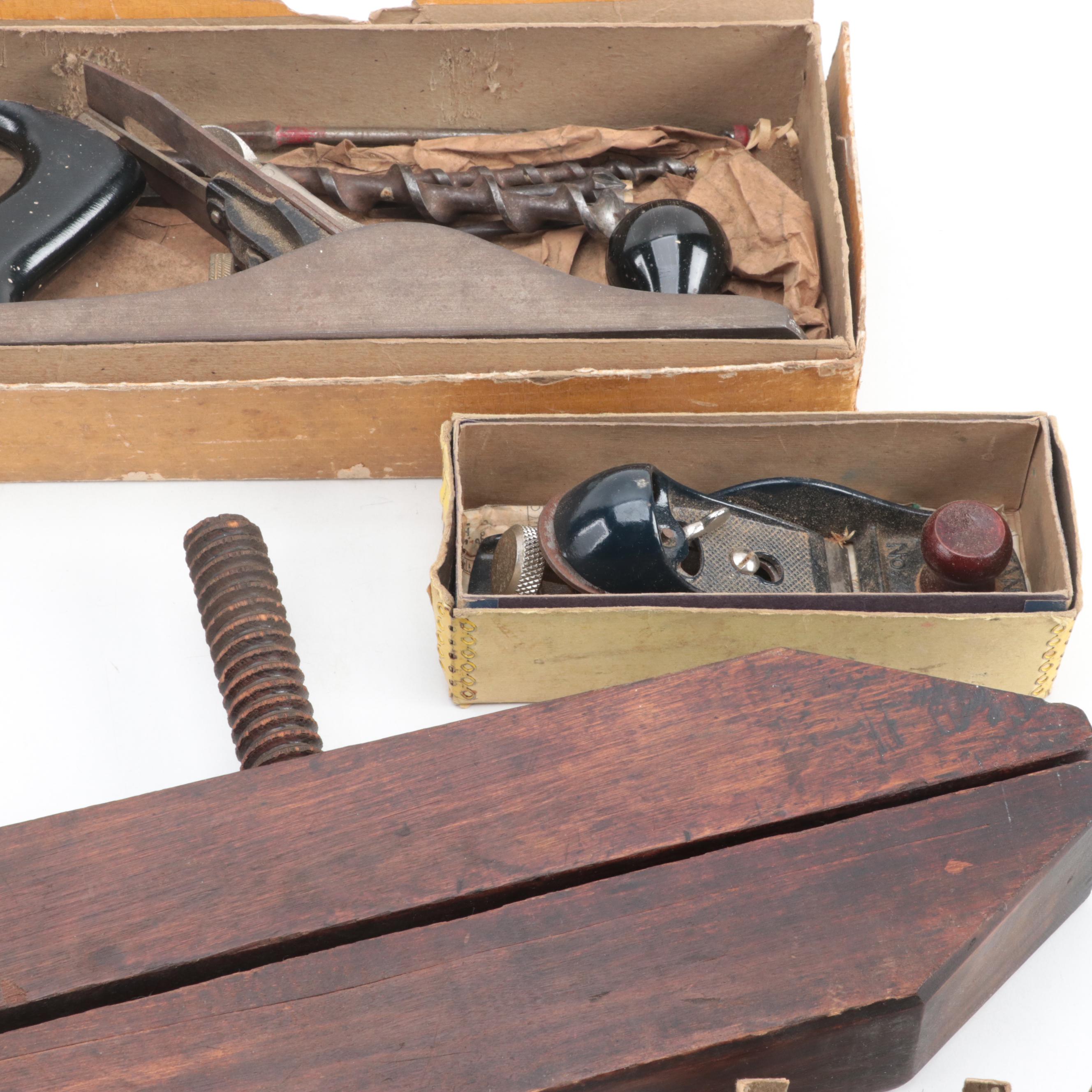Brace Drill, Hand Drills, Stanley Block Plane With Wooden Clamp, More