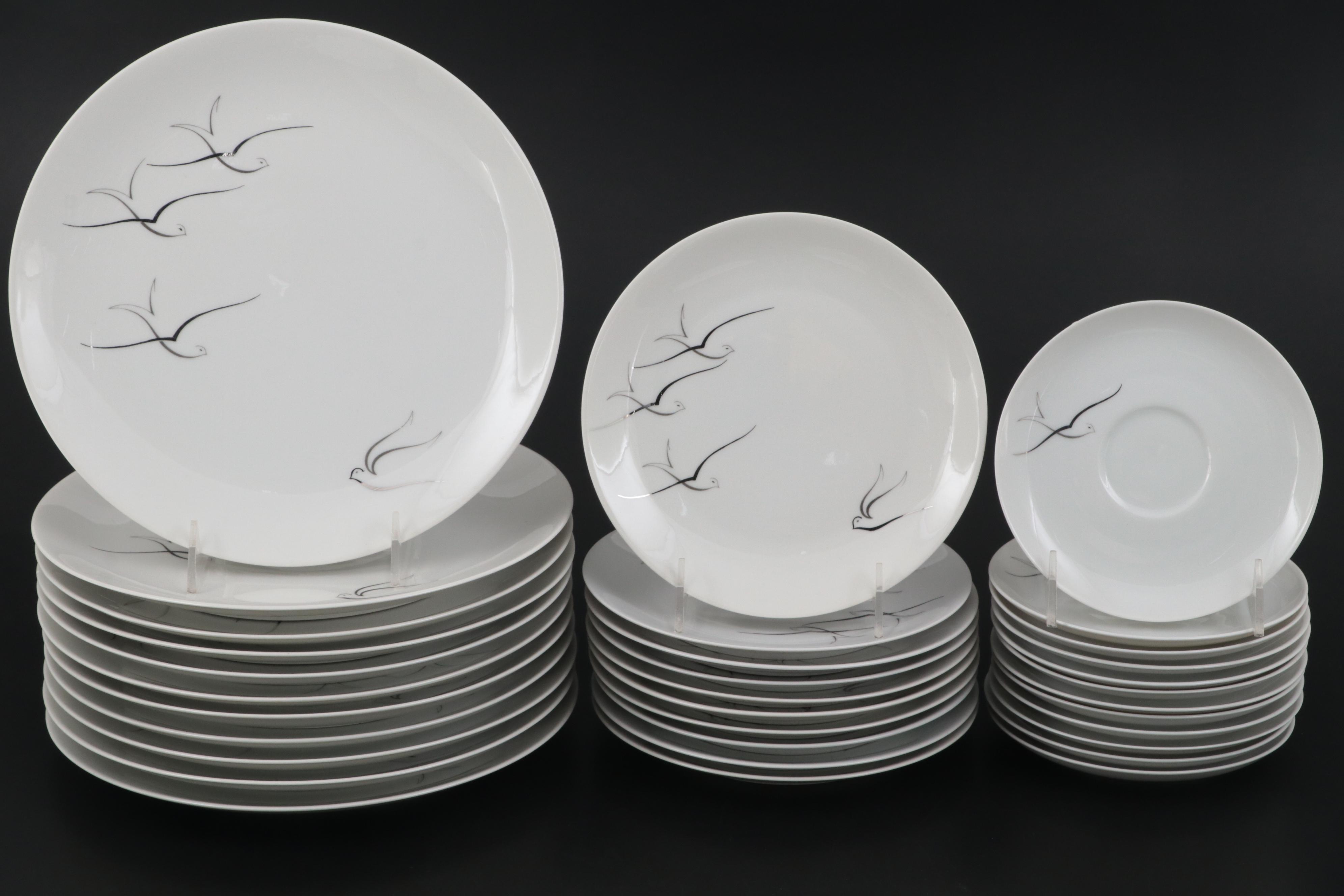 Arzberg Porcelain Hand-Painted "Silver Flight" Dinnerware and Table Accessories