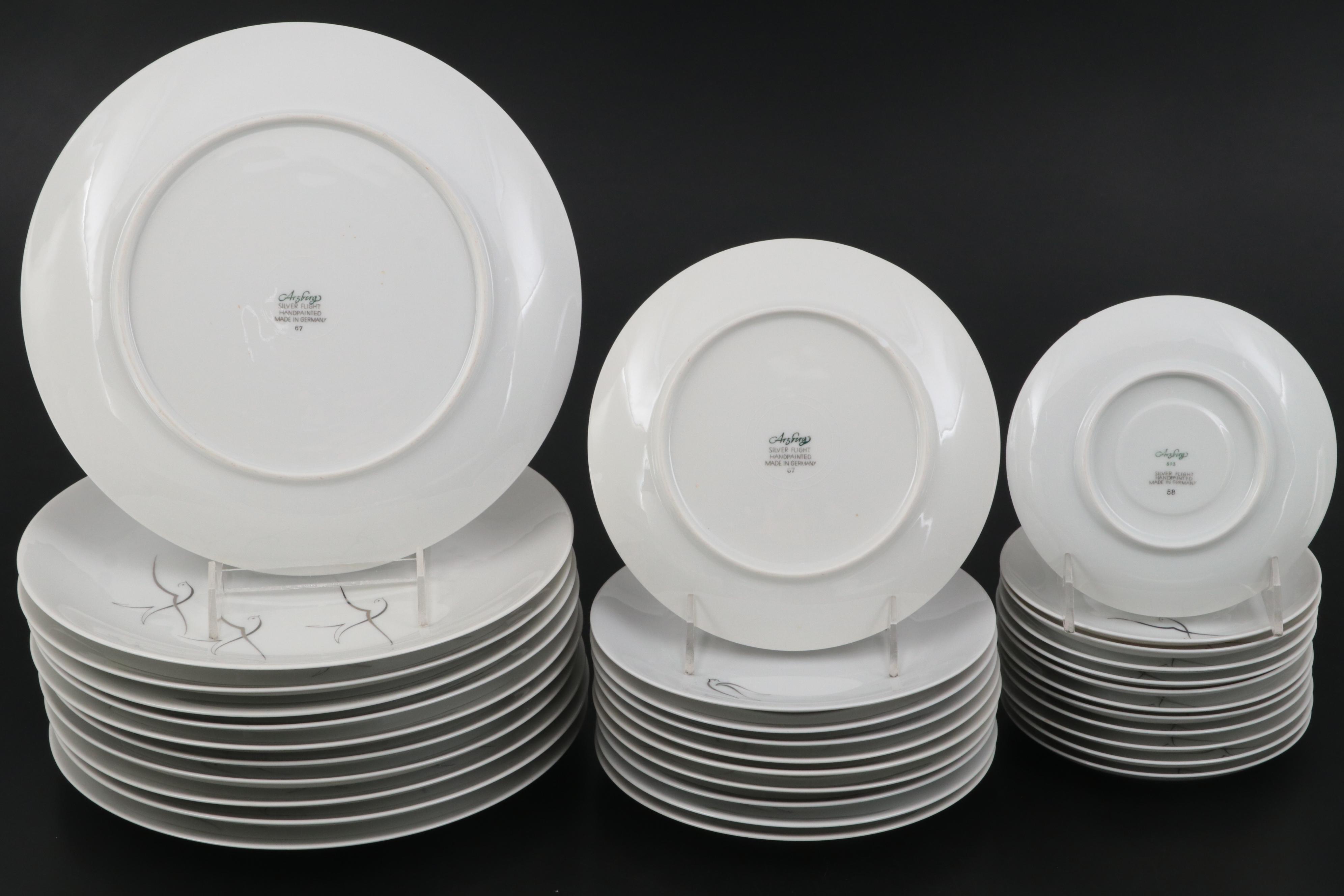 Arzberg Porcelain Hand-Painted "Silver Flight" Dinnerware and Table Accessories