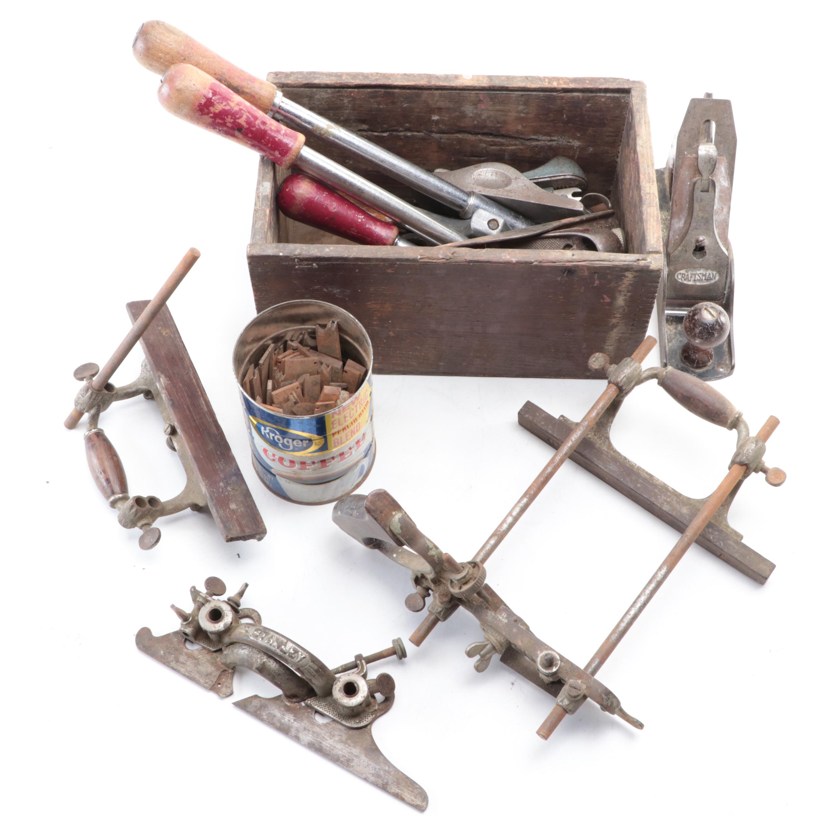 Stanley Adjustable Plow Plane With Hand Drills, Calipers, Rasps and Plane Blades