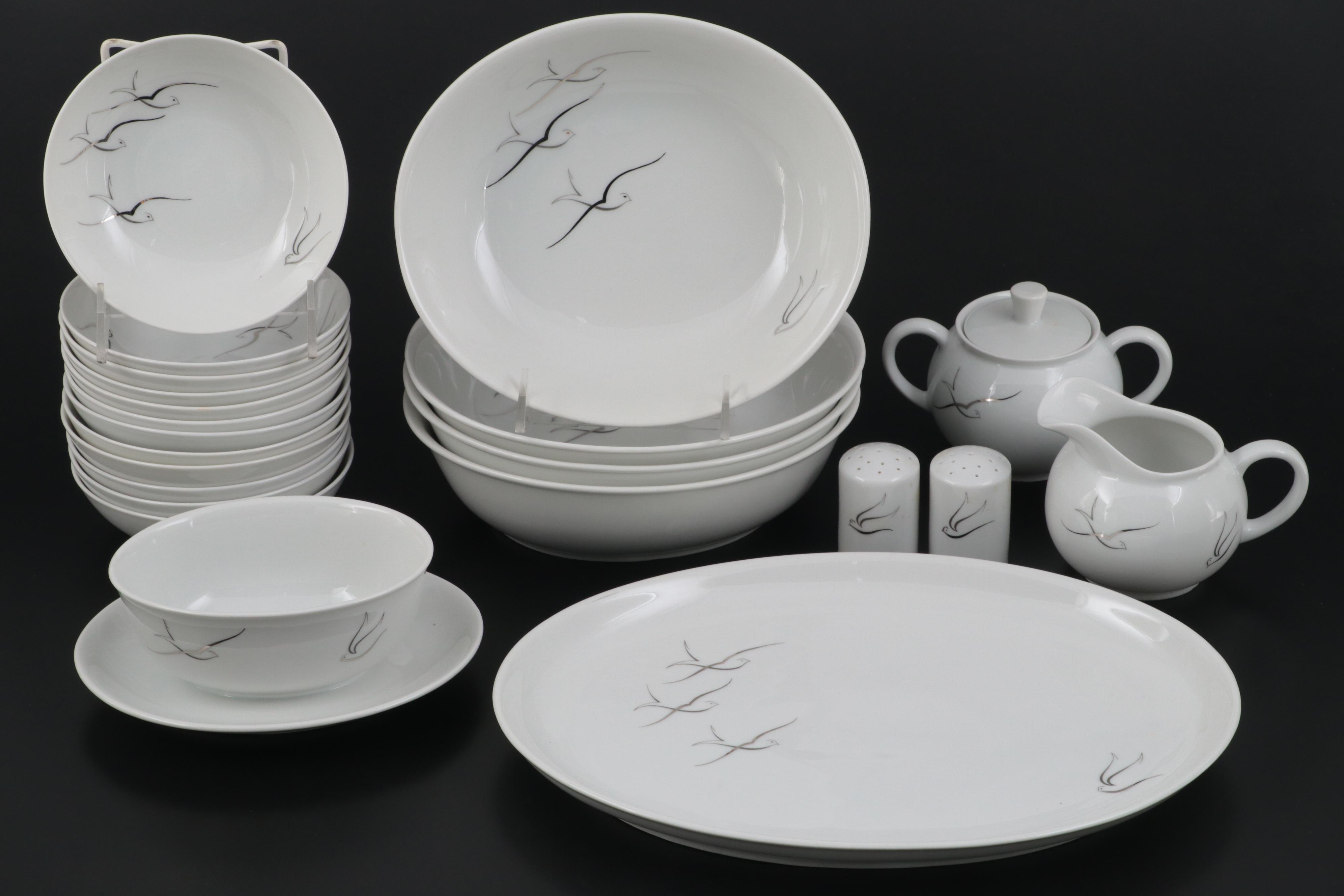 Arzberg Porcelain Hand-Painted "Silver Flight" Dinnerware and Table Accessories