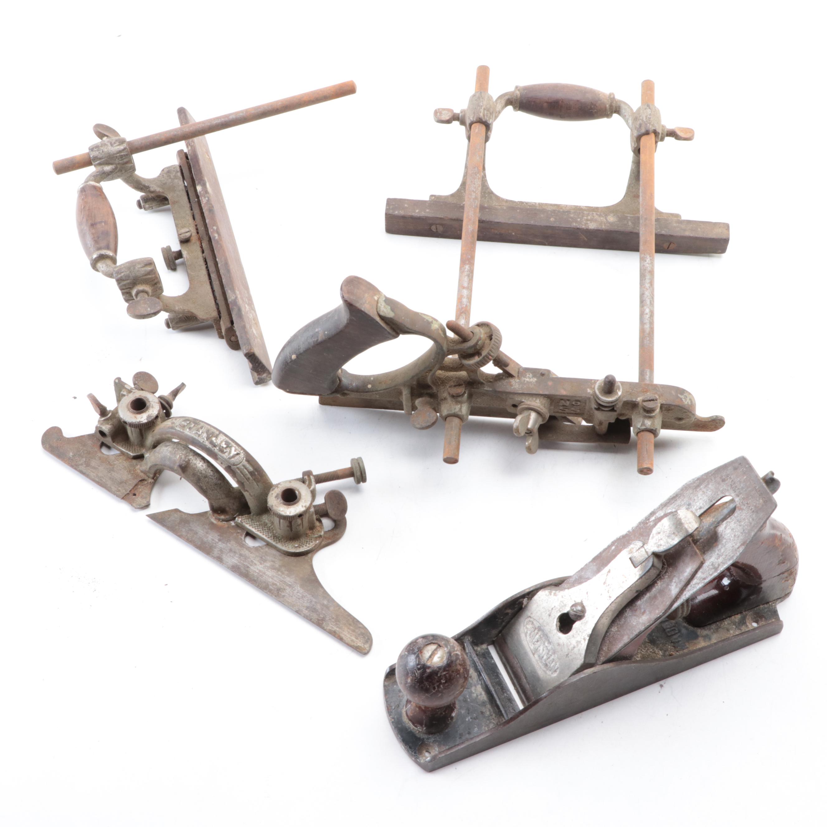 Stanley Adjustable Plow Plane With Hand Drills, Calipers, Rasps and Plane Blades