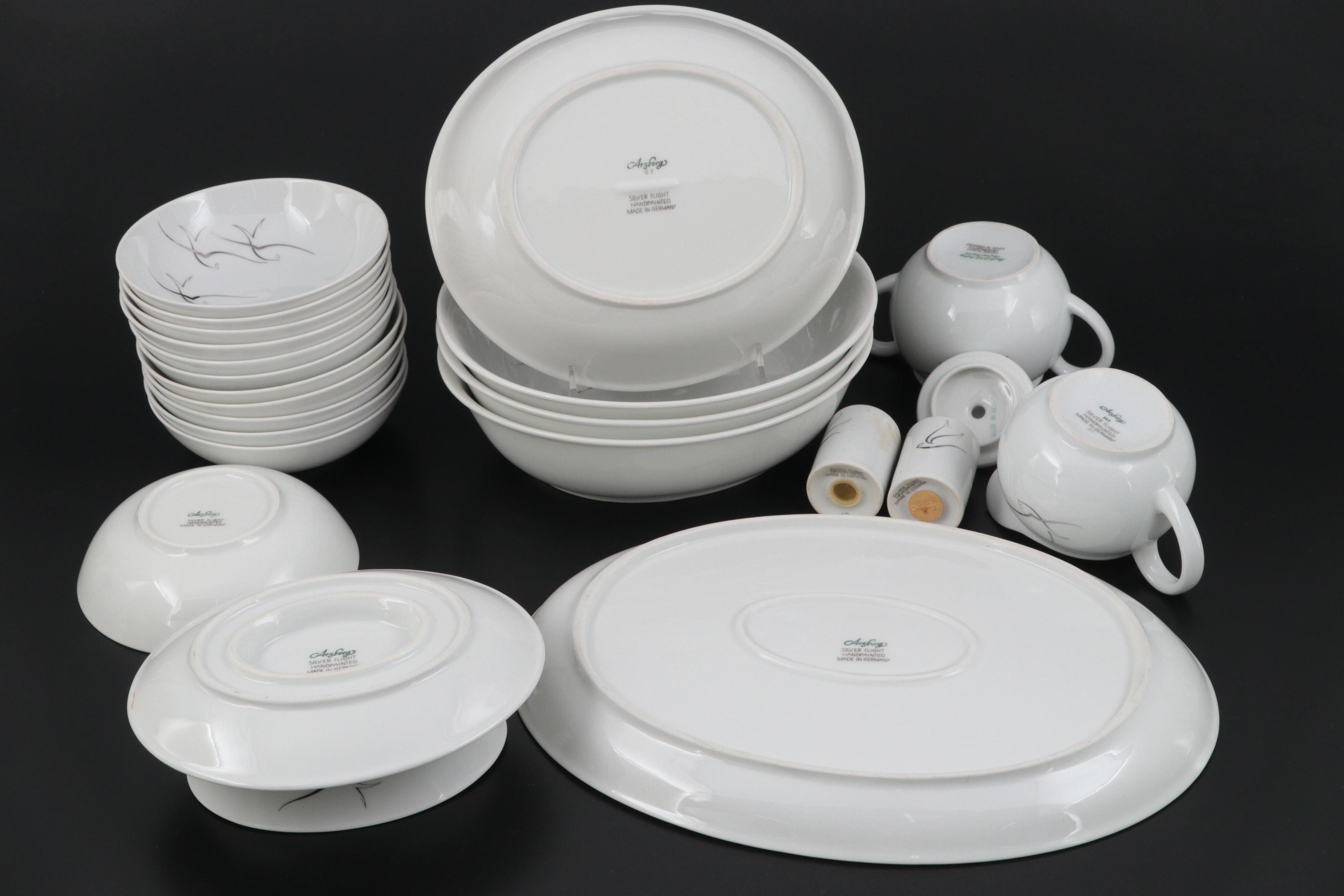 Arzberg Porcelain Hand-Painted "Silver Flight" Dinnerware and Table Accessories