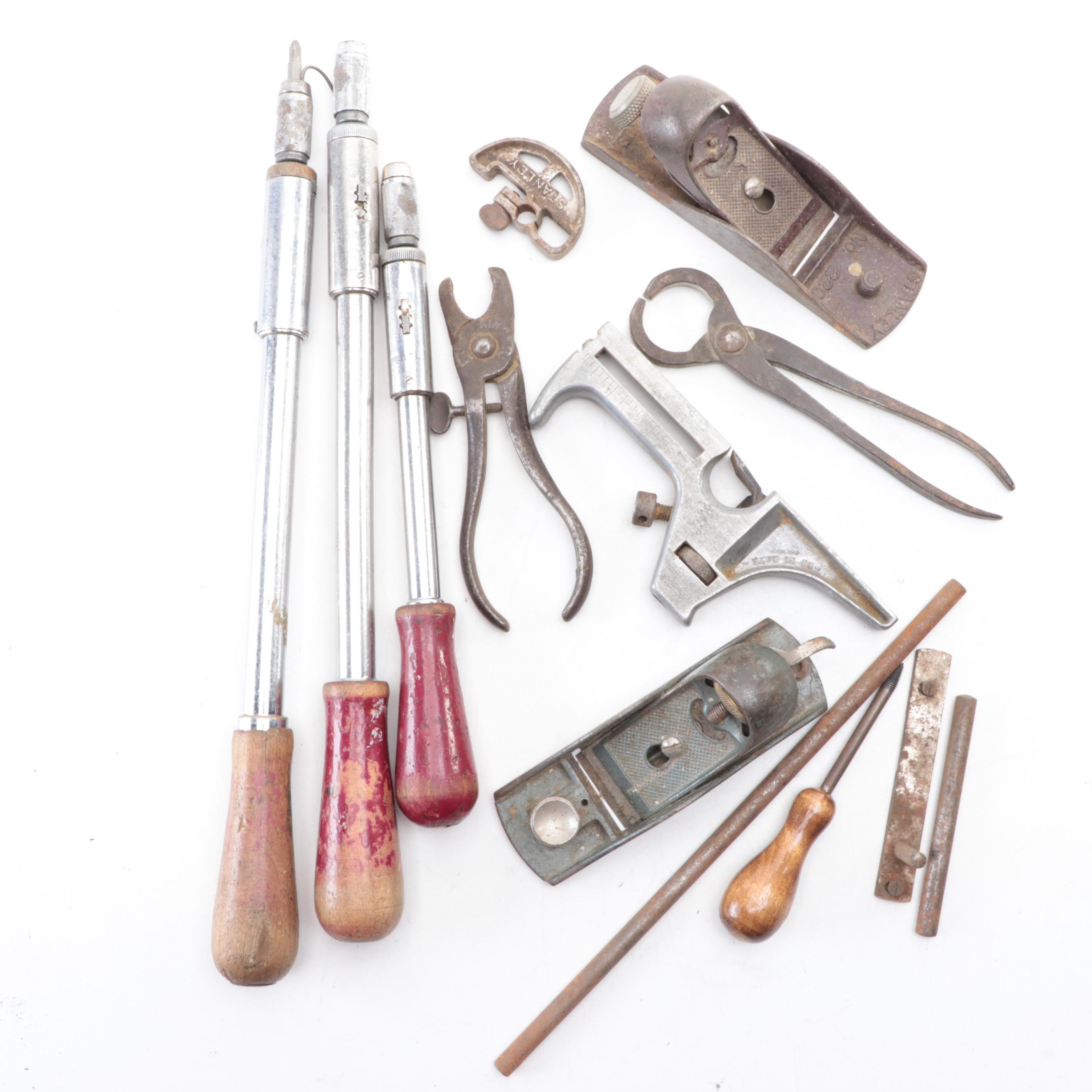 Stanley Adjustable Plow Plane With Hand Drills, Calipers, Rasps and Plane Blades