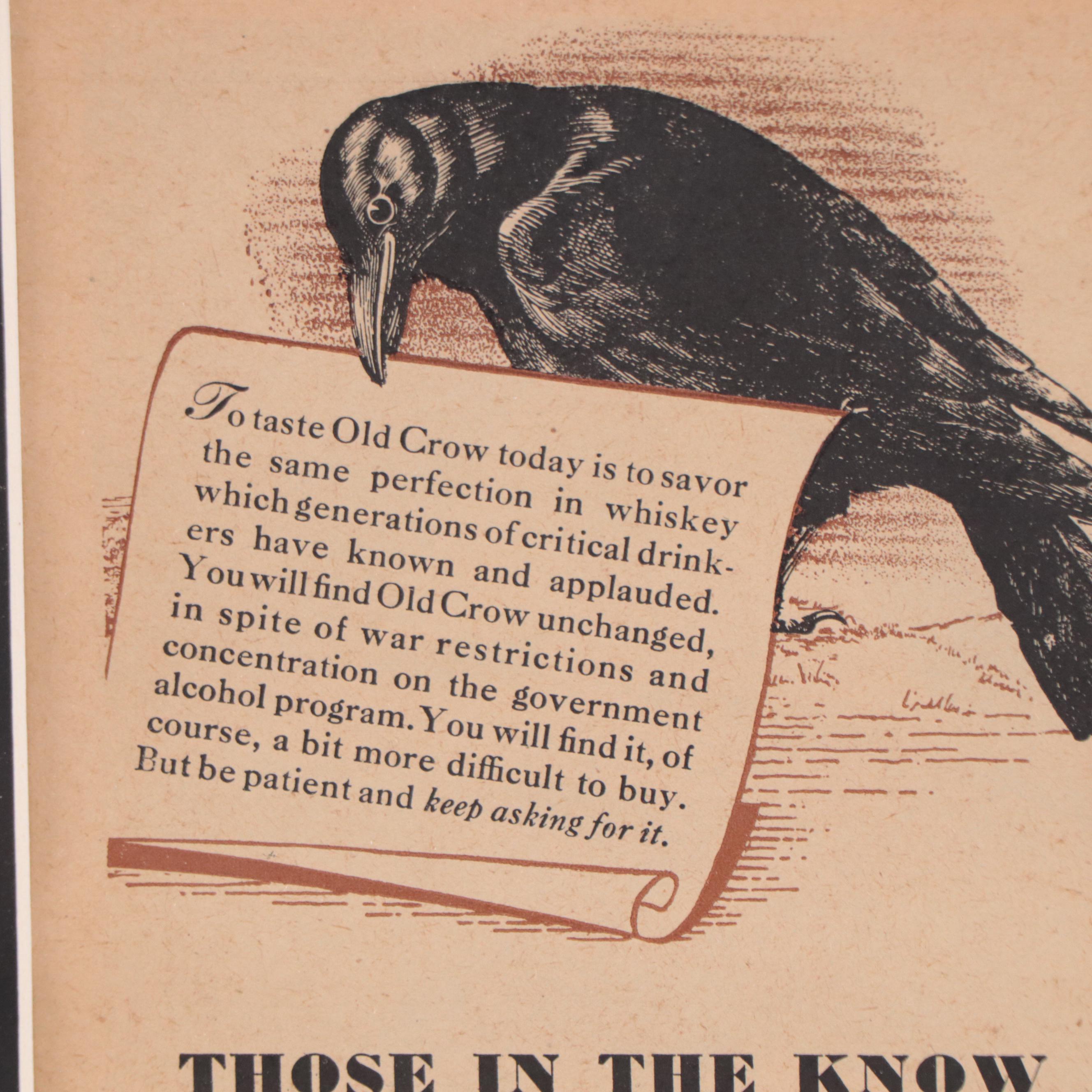 Old Crow Bourbon Whiskey Lithograph Advertisement, 1944