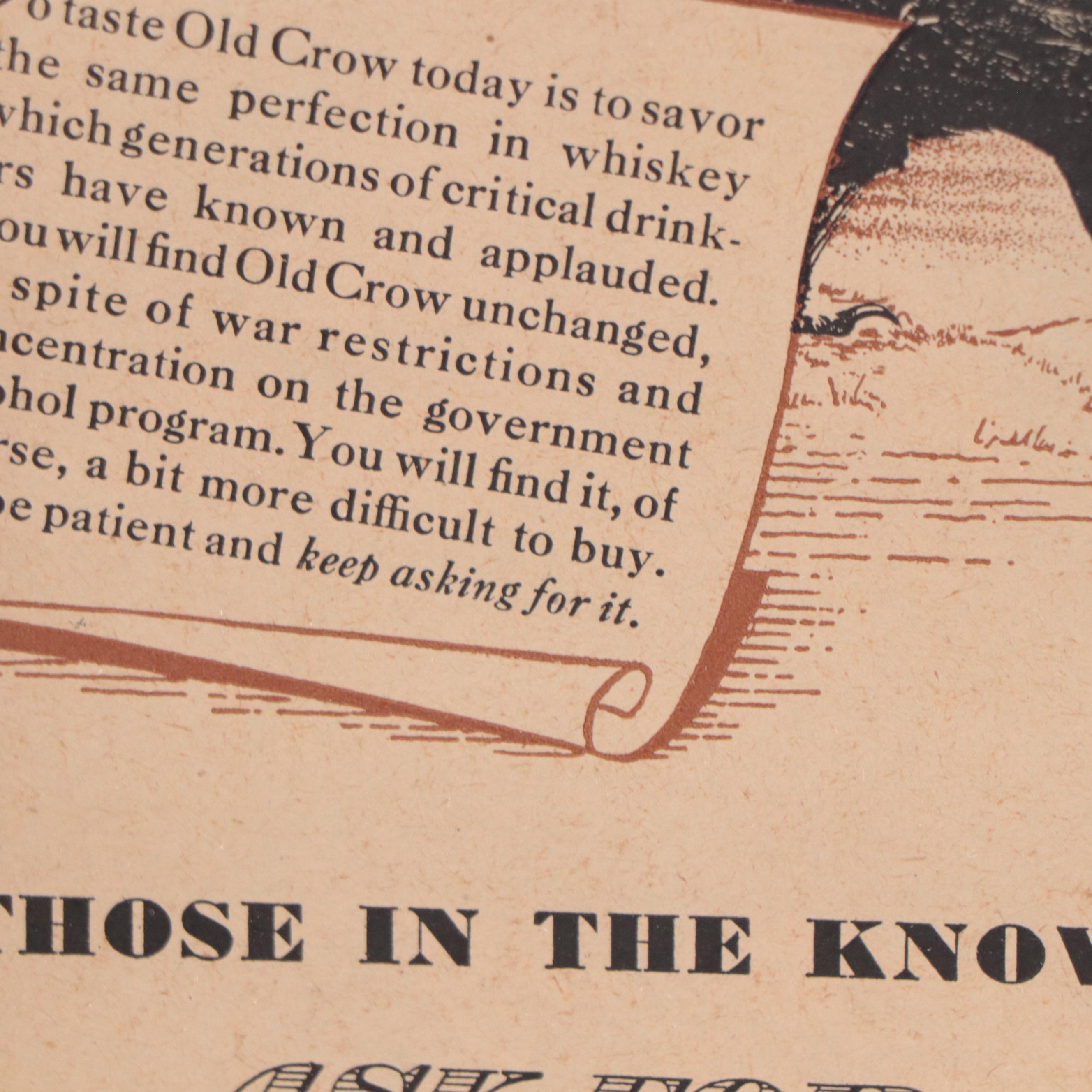 Old Crow Bourbon Whiskey Lithograph Advertisement, 1944