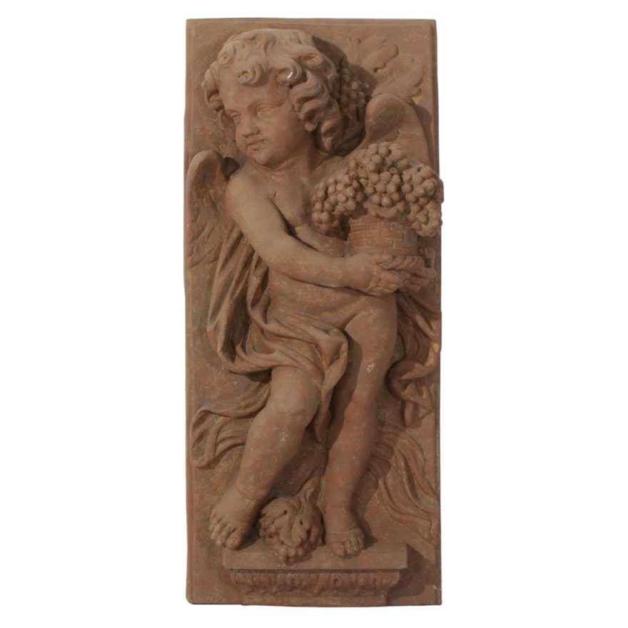 Faux Stone Cherub Relief Outdoor Wall Plaque