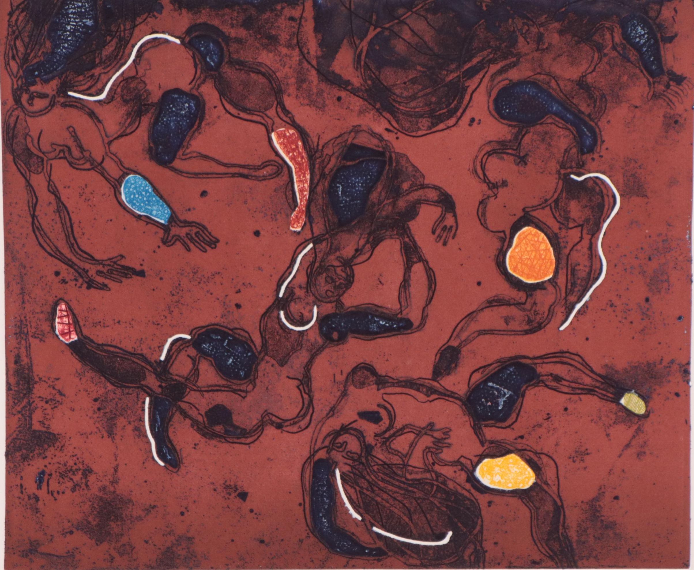 Walter Sorge Color Etching "Dancing Figures," Circa 1990