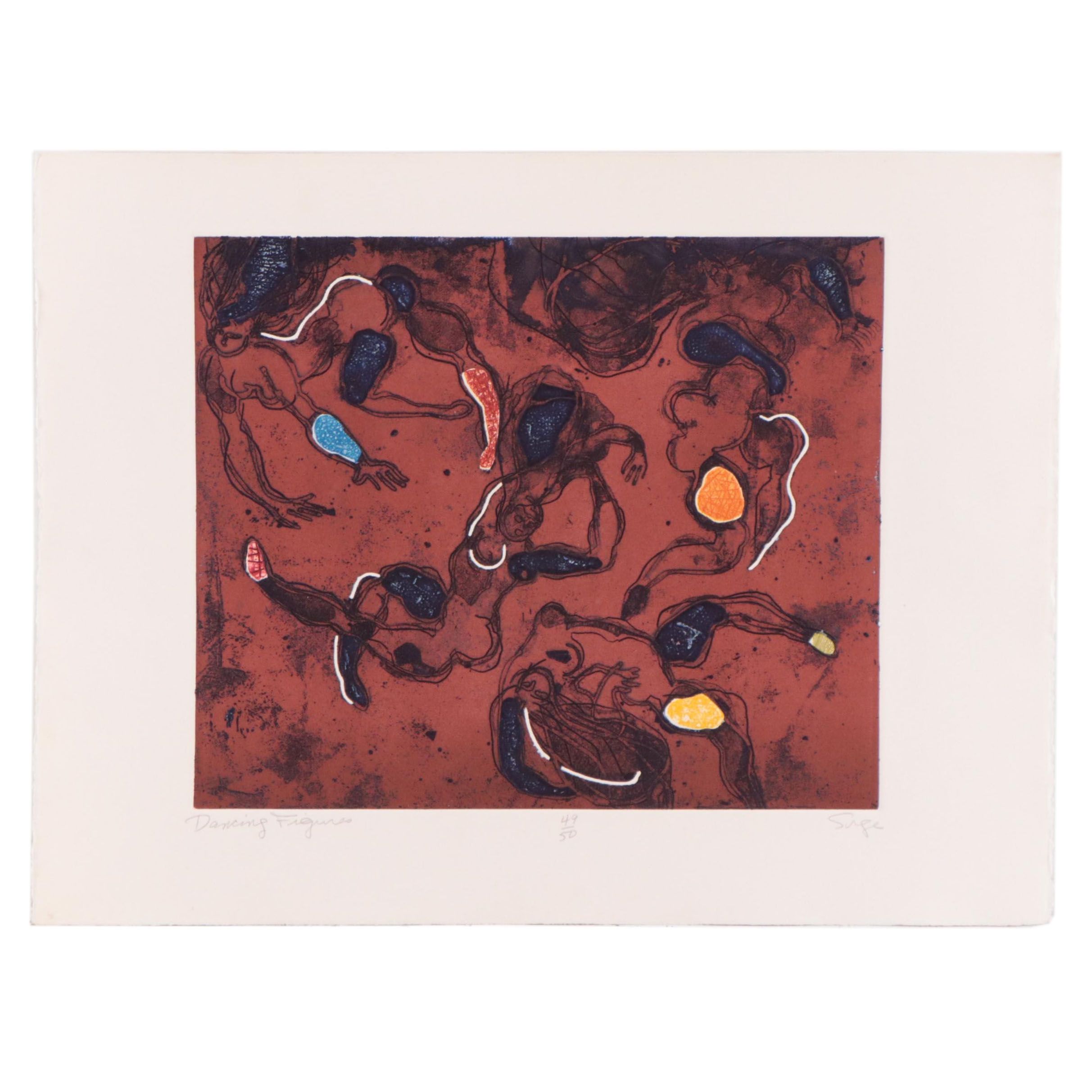 Walter Sorge Color Etching "Dancing Figures," Circa 1990