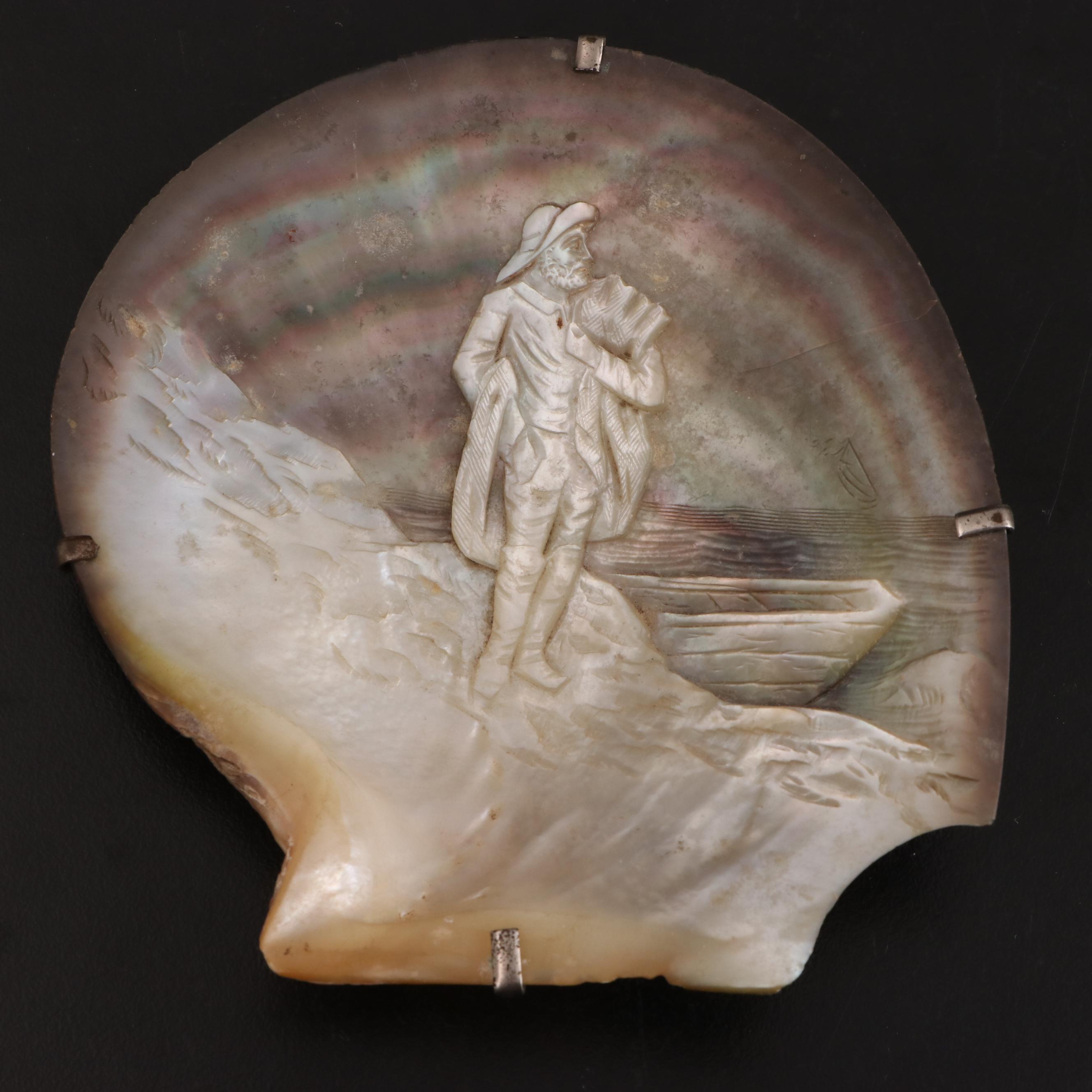French Relief Carved Fisherman Mother-of-Pearl Oyster Shell With Hanging Wire