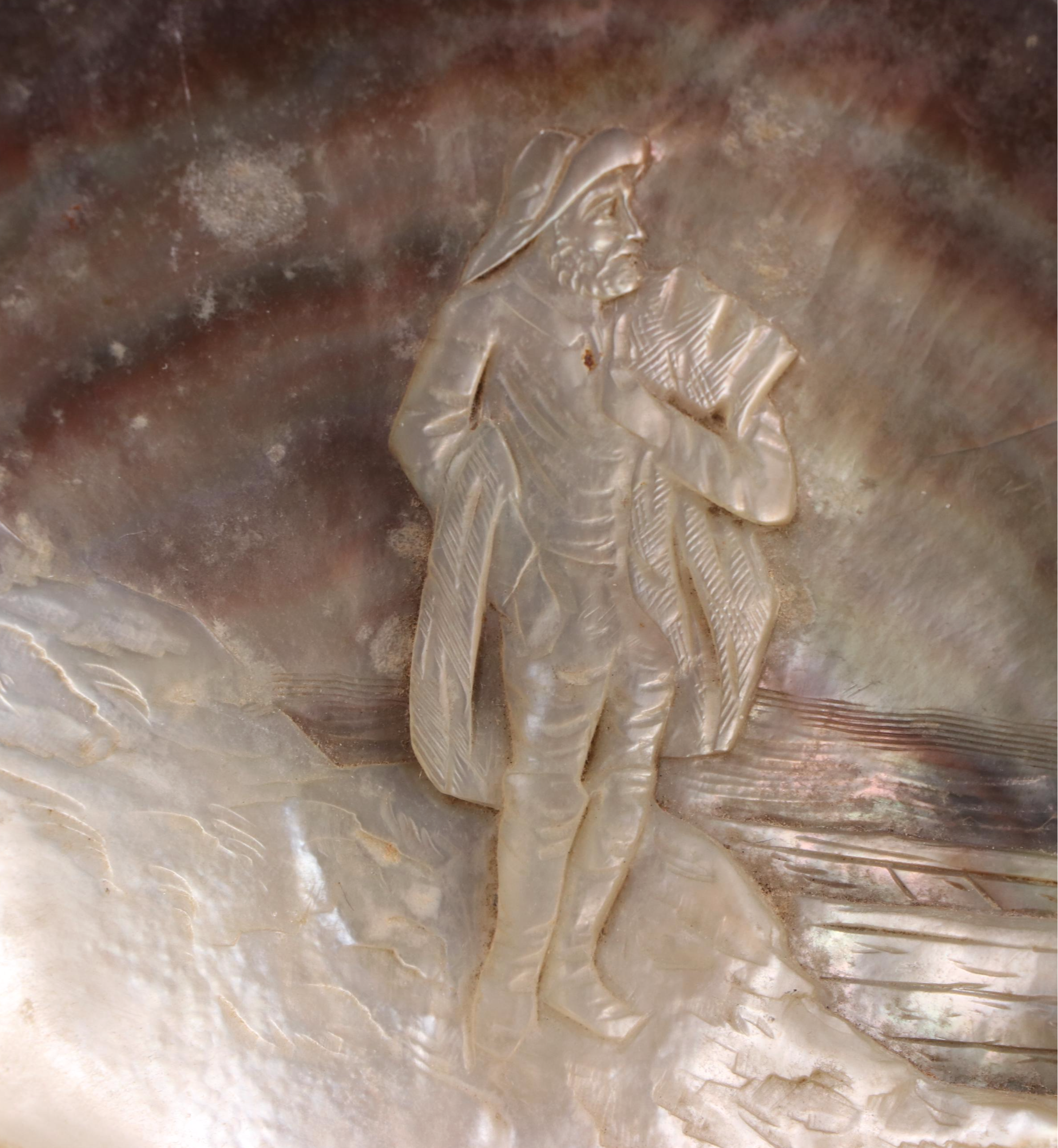 French Relief Carved Fisherman Mother-of-Pearl Oyster Shell With Hanging Wire