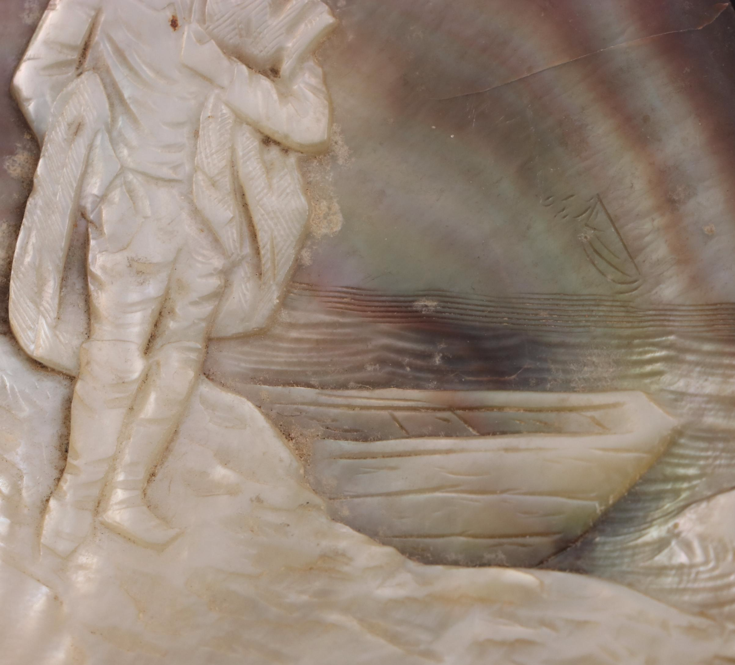 French Relief Carved Fisherman Mother-of-Pearl Oyster Shell With Hanging Wire