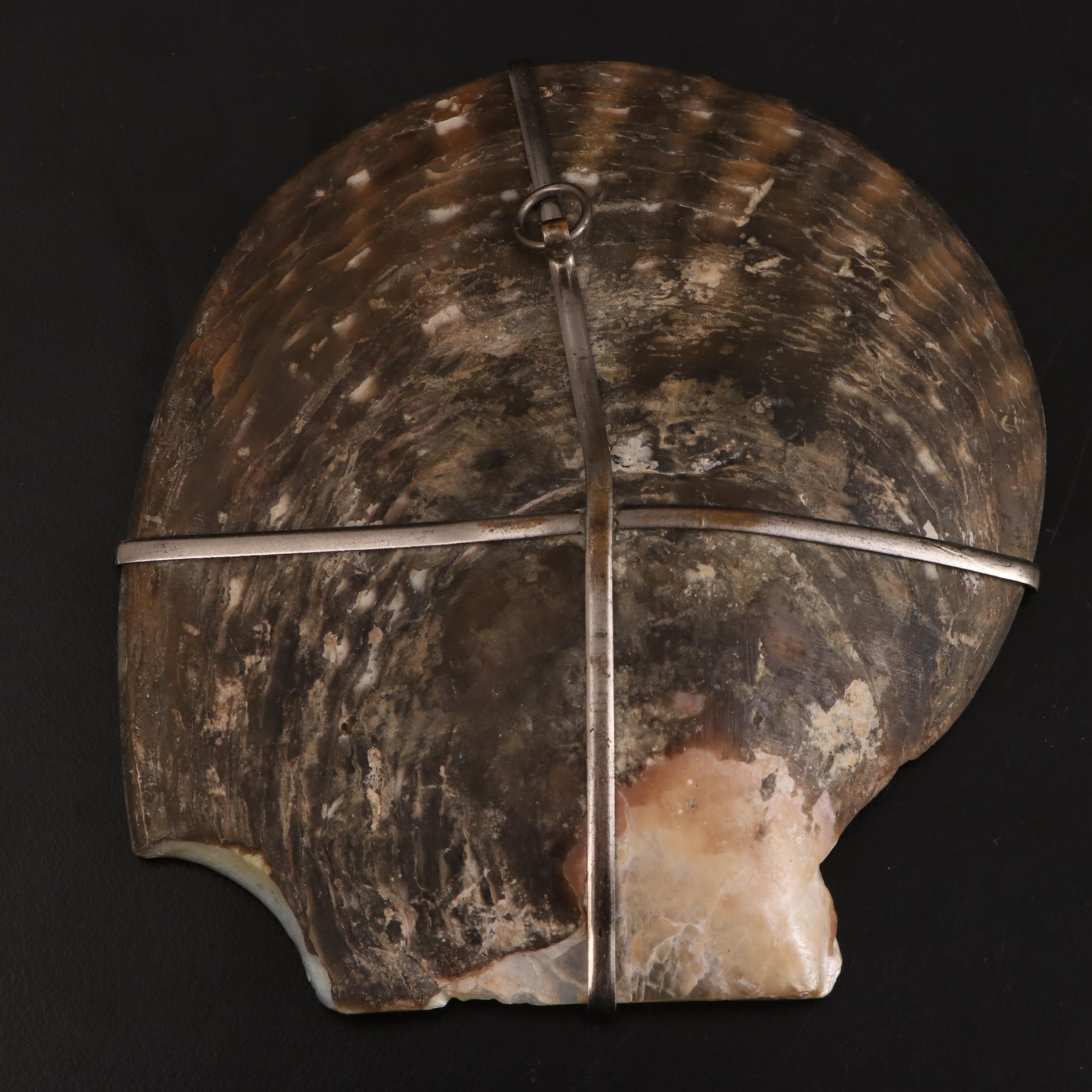 French Relief Carved Fisherman Mother-of-Pearl Oyster Shell With Hanging Wire