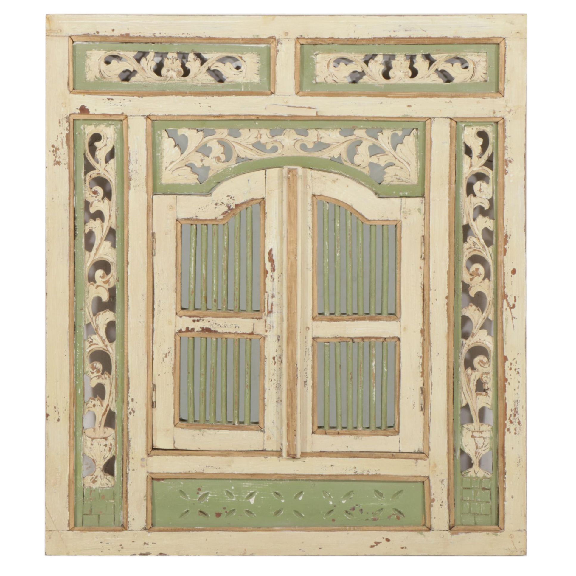 Balinese Style Hand Carved and Painted Shuttered Wall Mirror