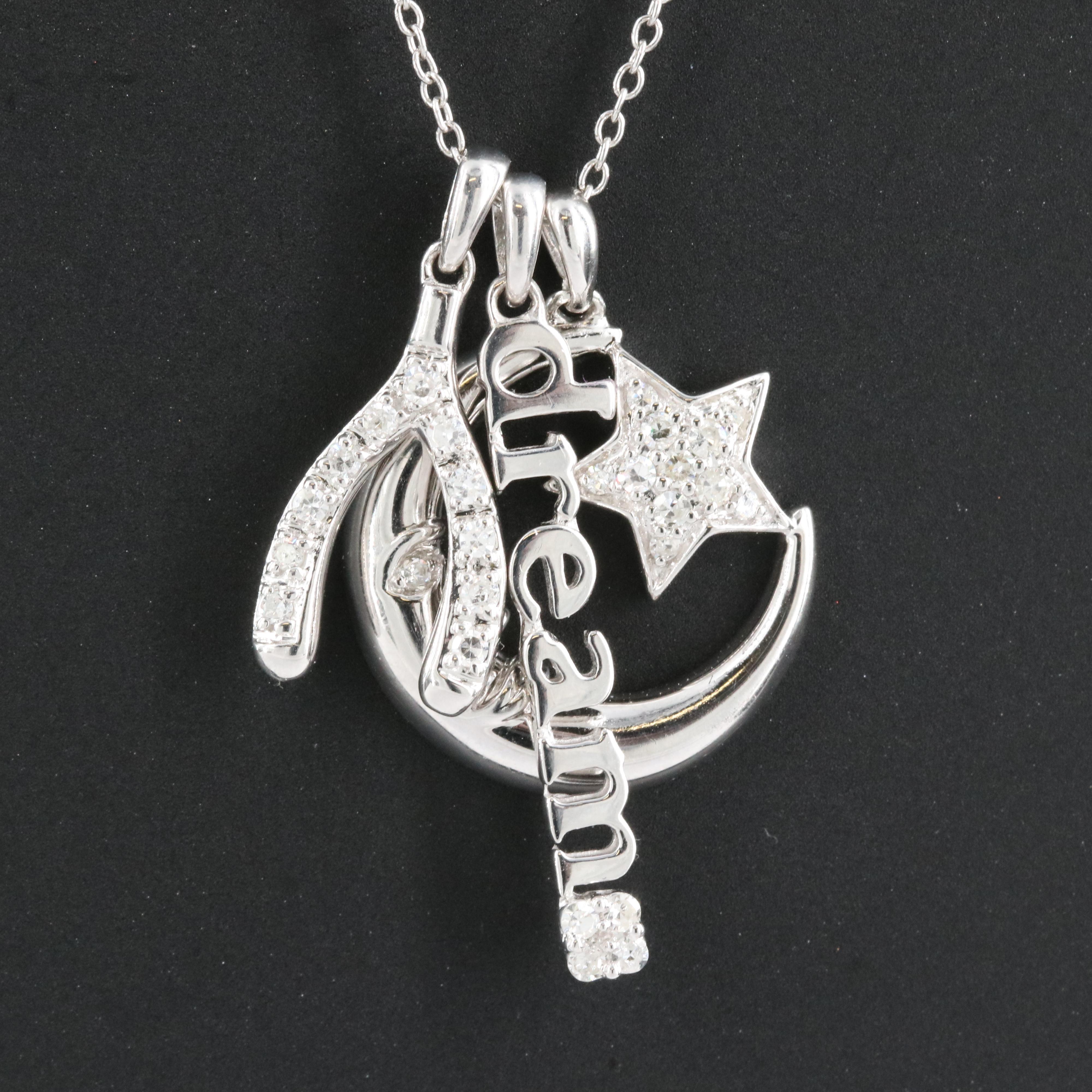 Sterling Diamond Dream, Wishbone and Crescent Moon with Star Pendant Necklace