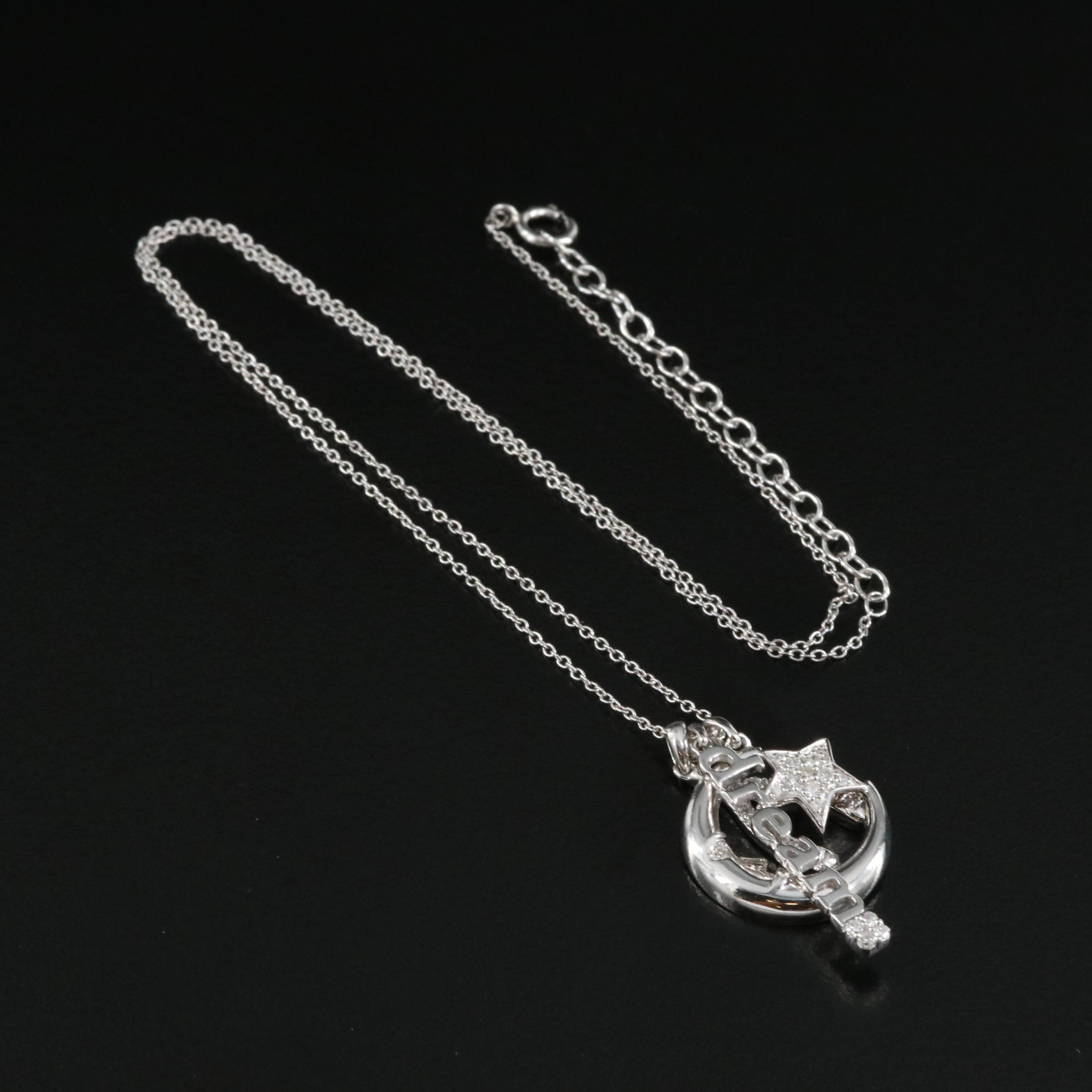 Sterling Diamond Dream, Wishbone and Crescent Moon with Star Pendant Necklace