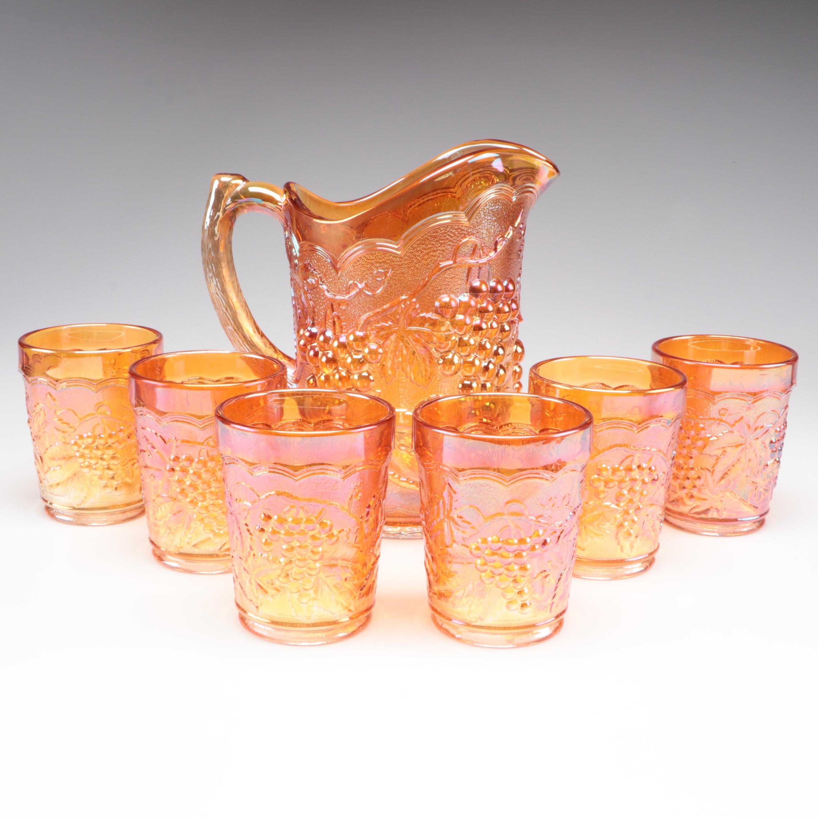 Imperial Glass Iridescent Marigold Carnival Glass Pitcher and Tumblers
