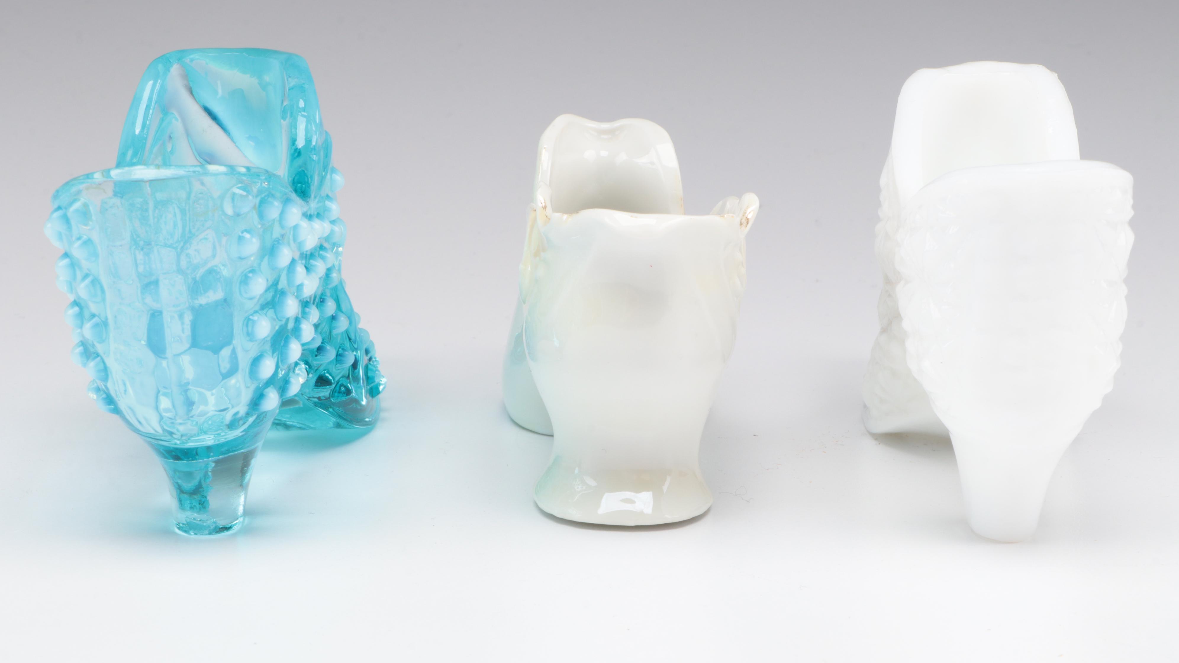 Fenton Hobnail Blue with Other Glass and Porcelain Shoe Figurines