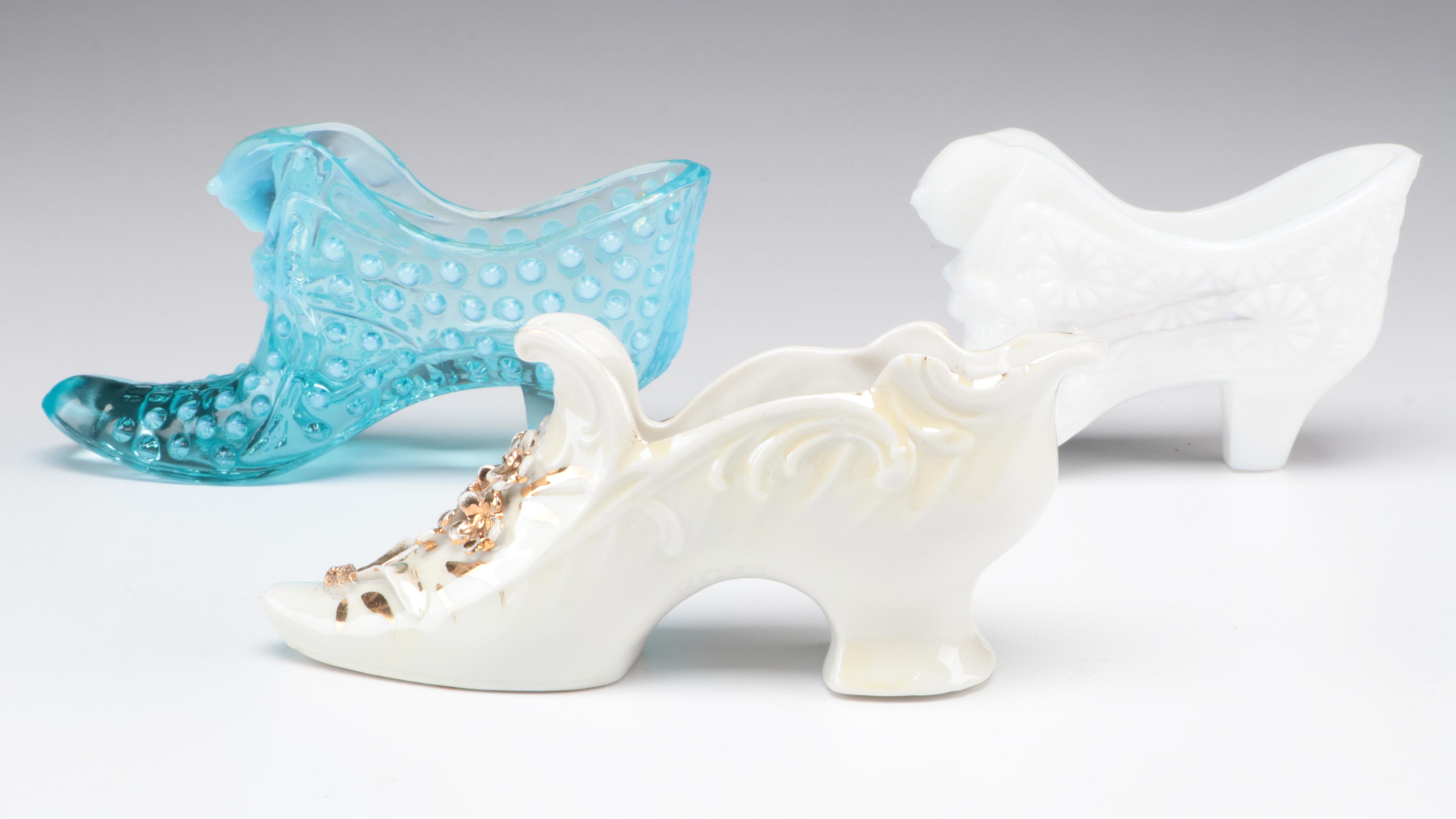 Fenton Hobnail Blue with Other Glass and Porcelain Shoe Figurines