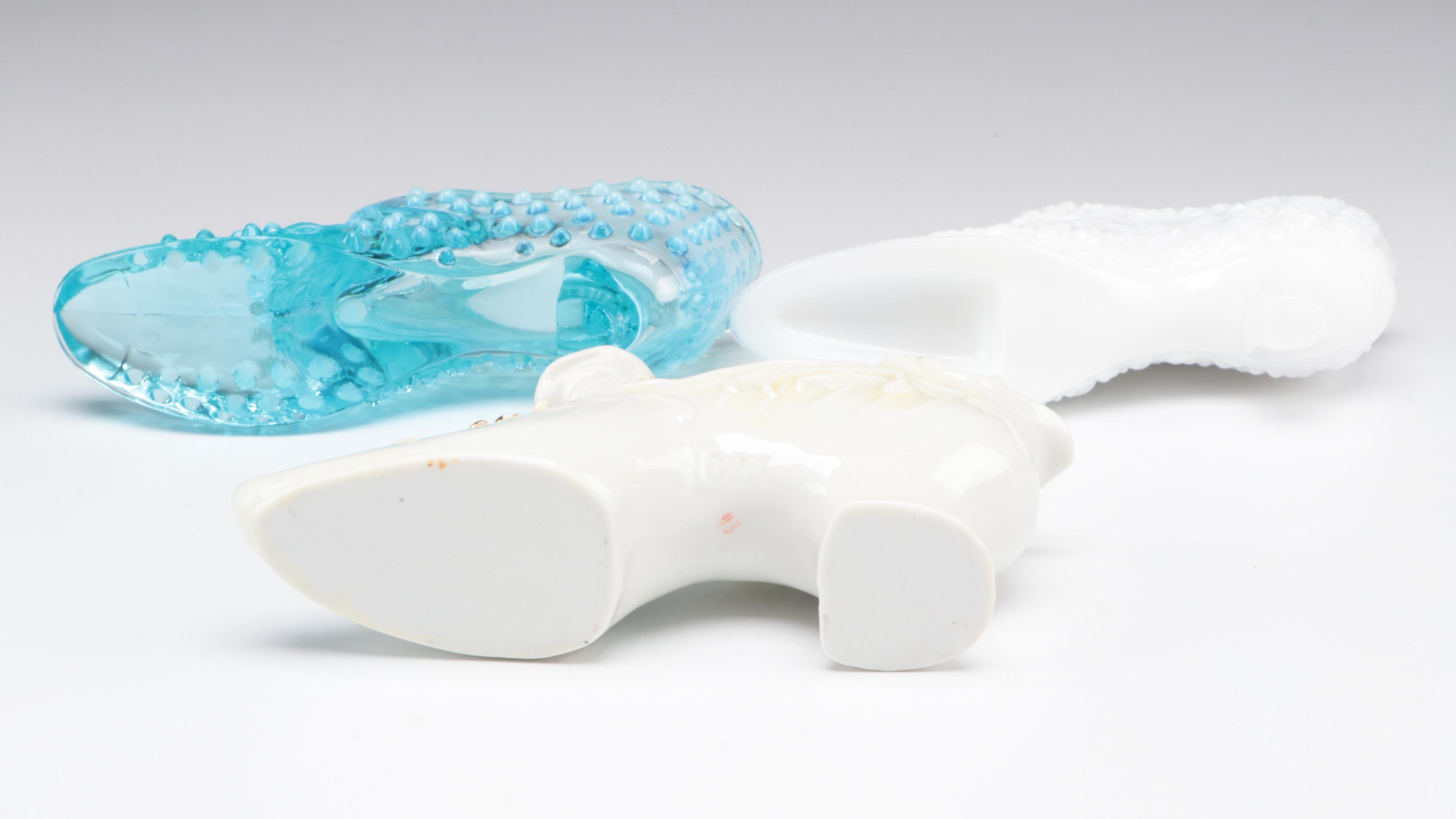 Fenton Hobnail Blue with Other Glass and Porcelain Shoe Figurines