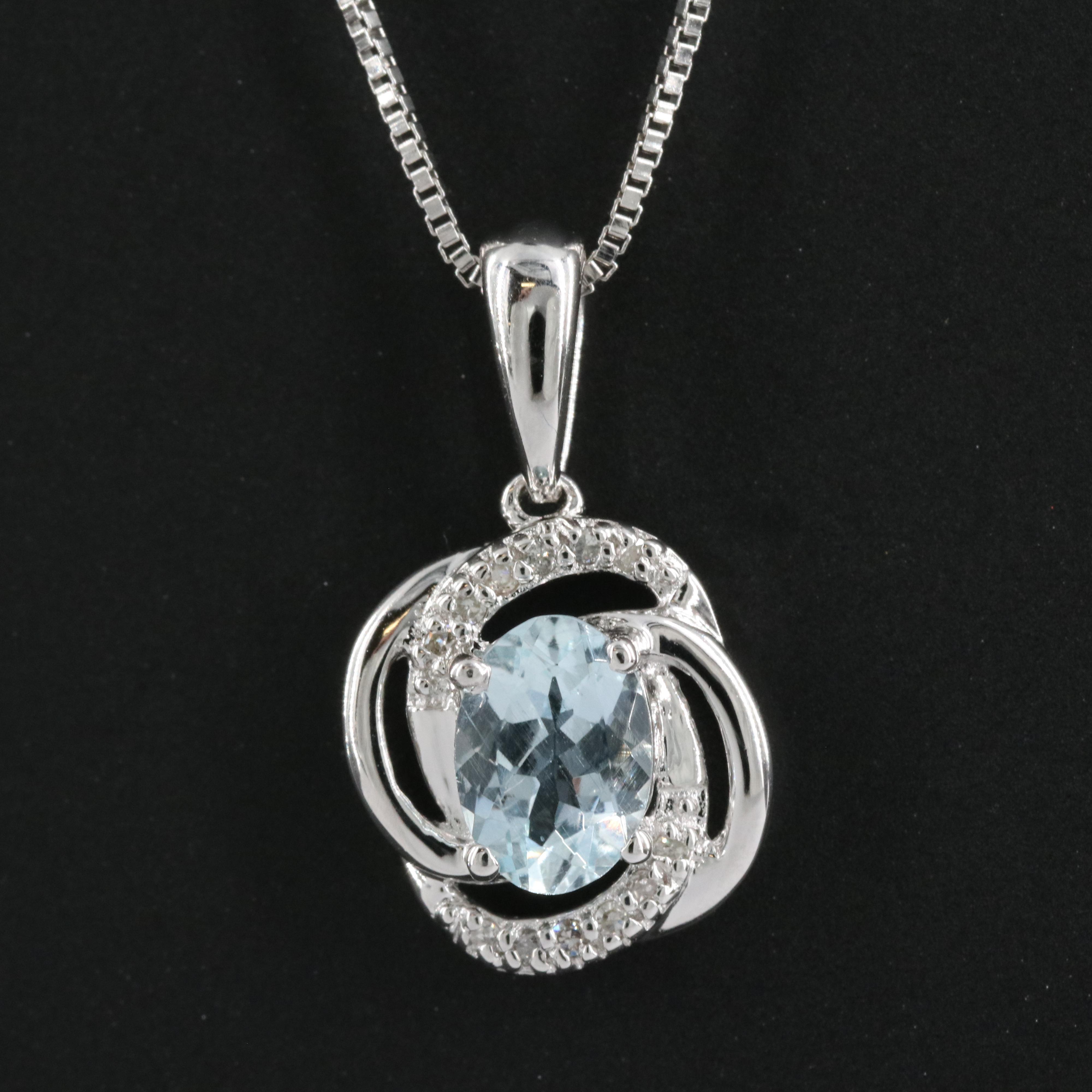 Sterling Aquamarine and Diamond Pendant Necklace