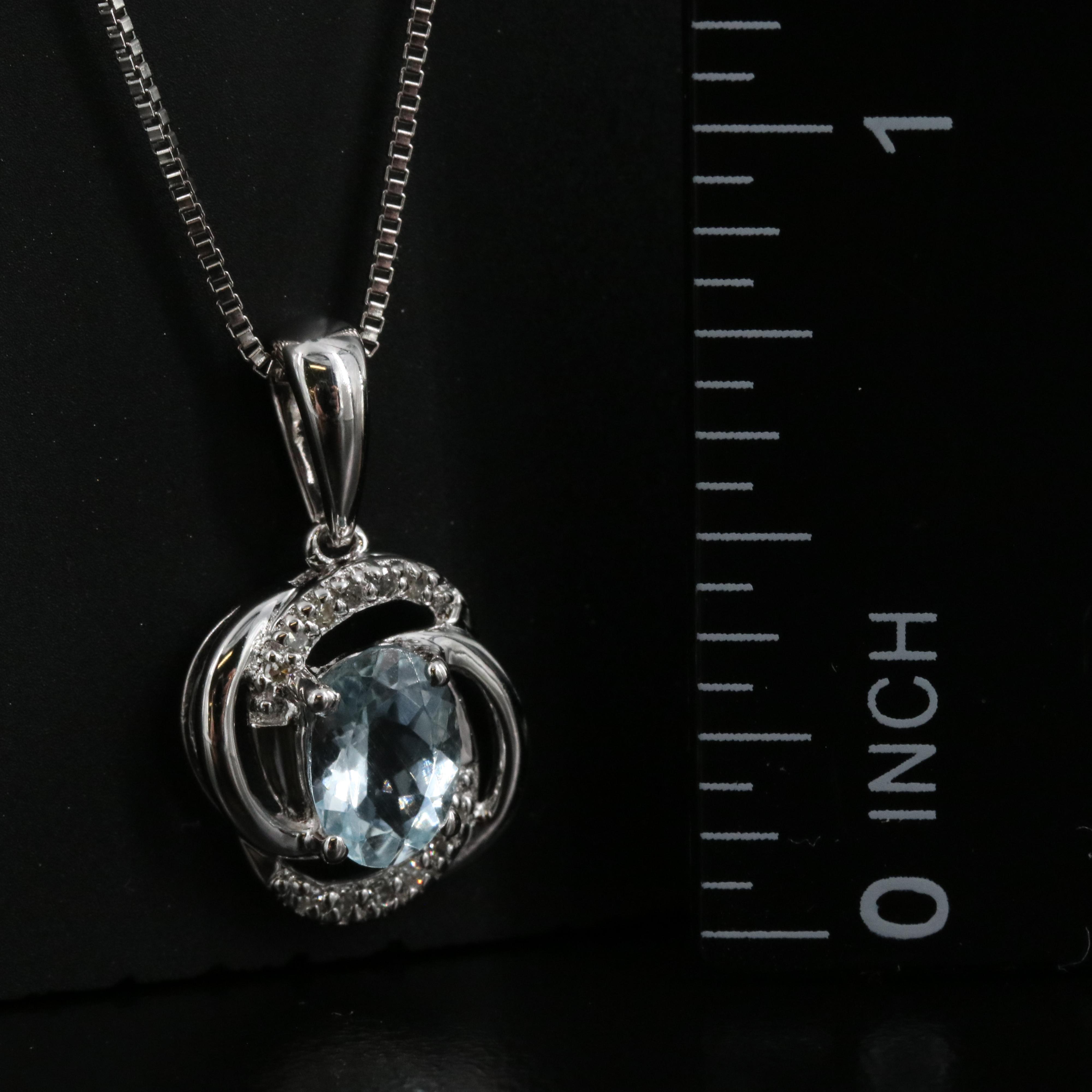 Sterling Aquamarine and Diamond Pendant Necklace