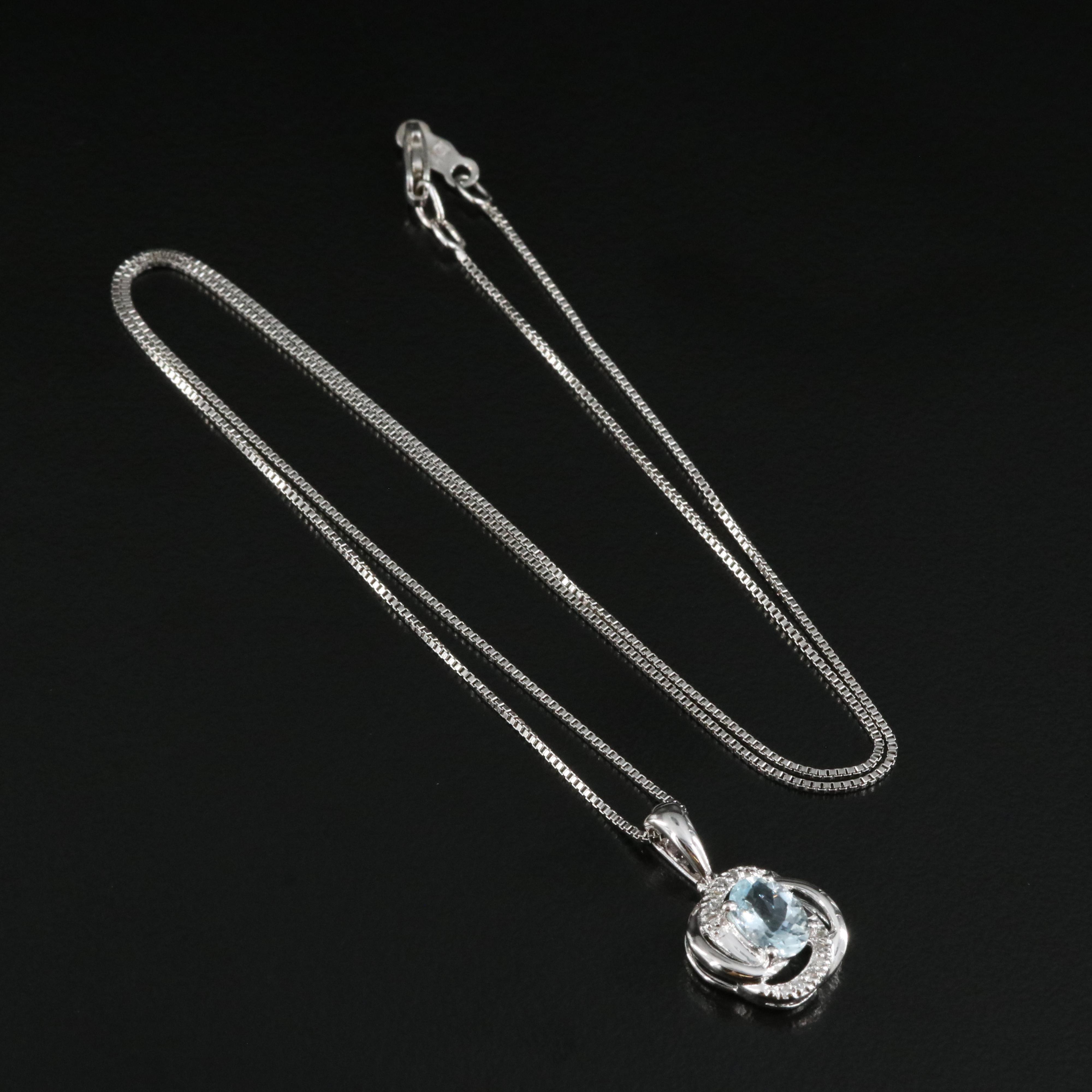 Sterling Aquamarine and Diamond Pendant Necklace