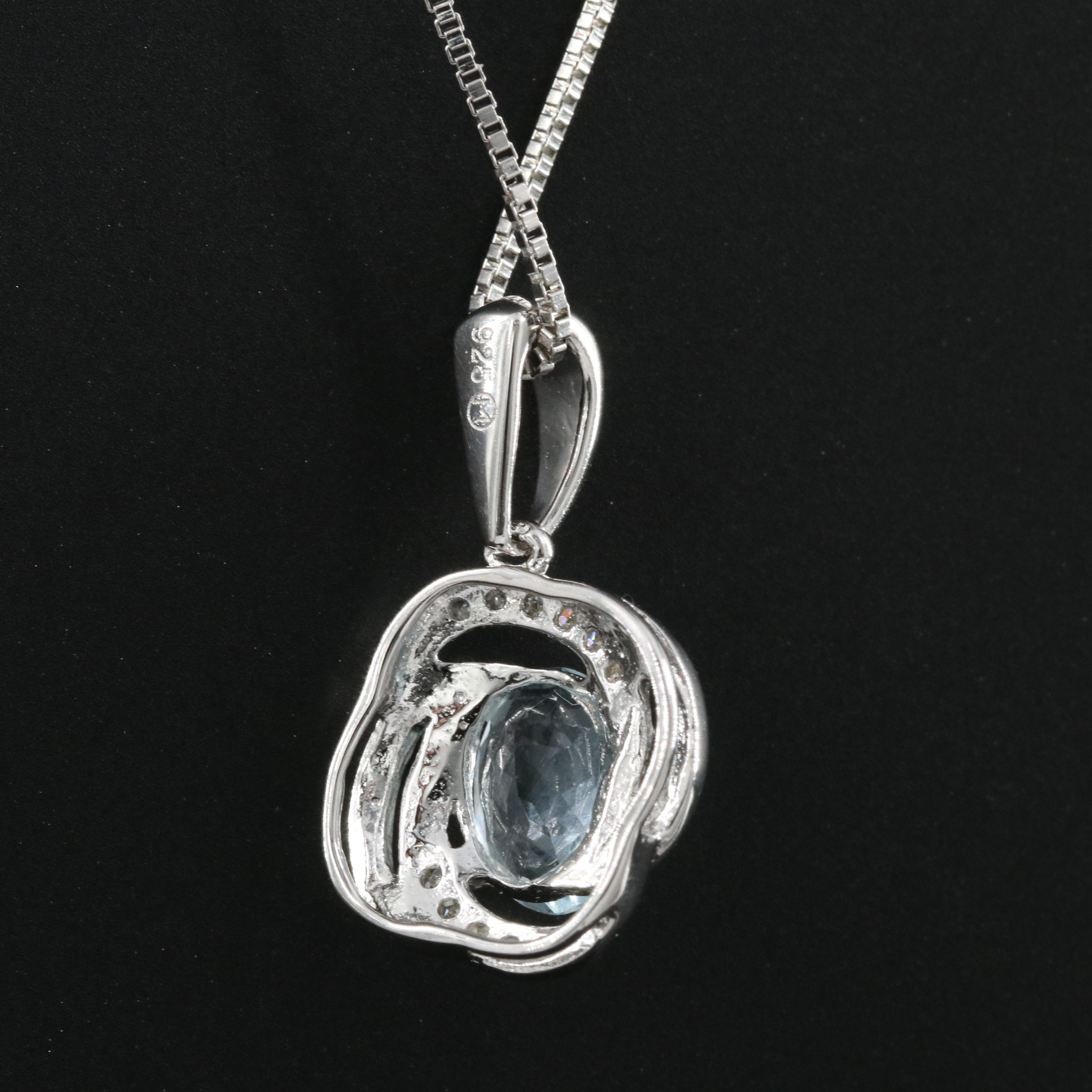 Sterling Aquamarine and Diamond Pendant Necklace