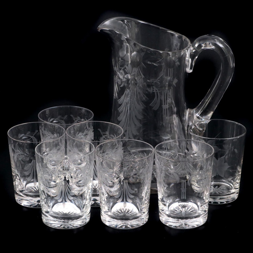 Etched Glass Pitcher and Tumblers