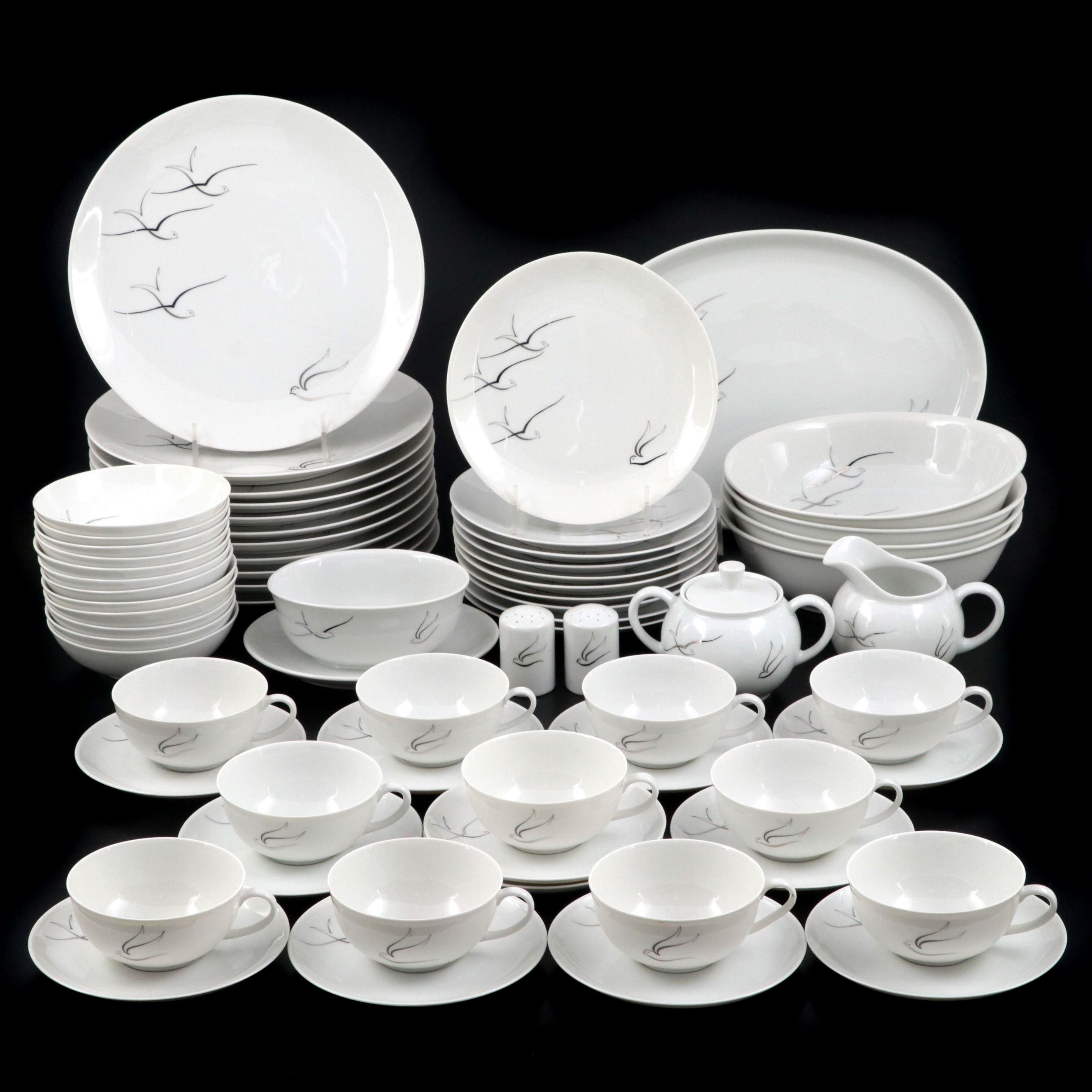 Arzberg Porcelain Hand-Painted "Silver Flight" Dinnerware and Table Accessories