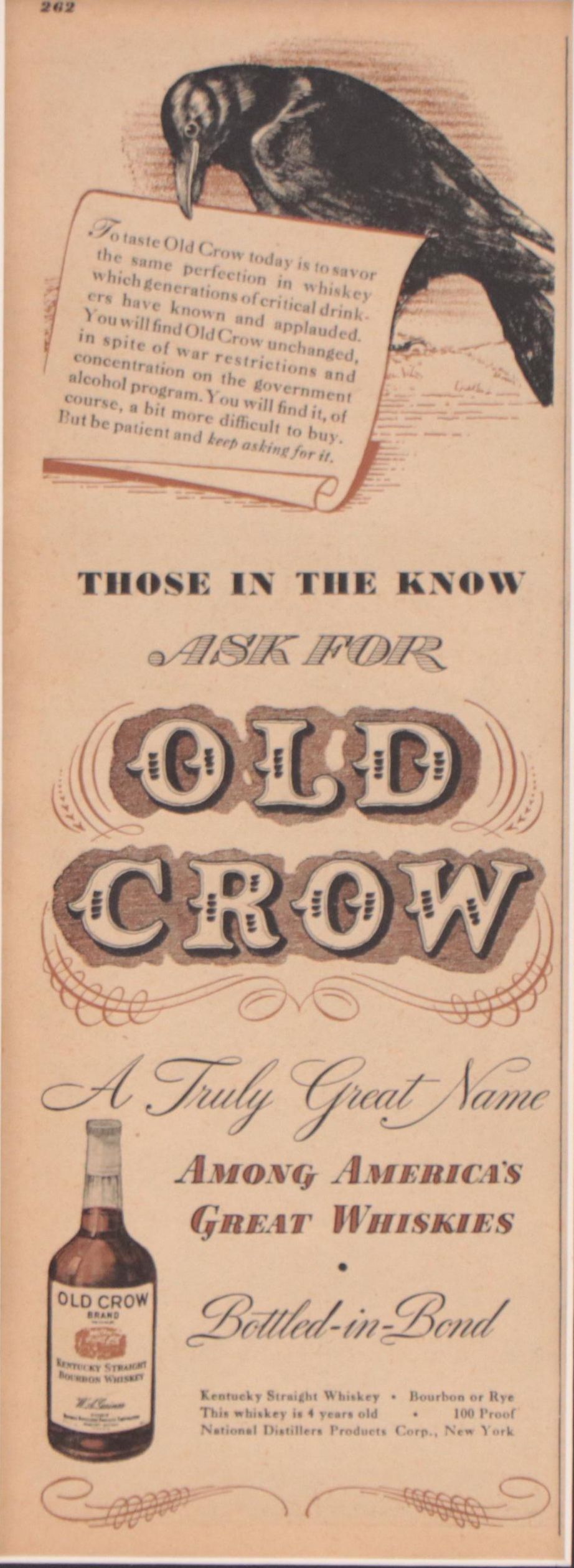 Old Crow Bourbon Whiskey Lithograph Advertisement, 1944