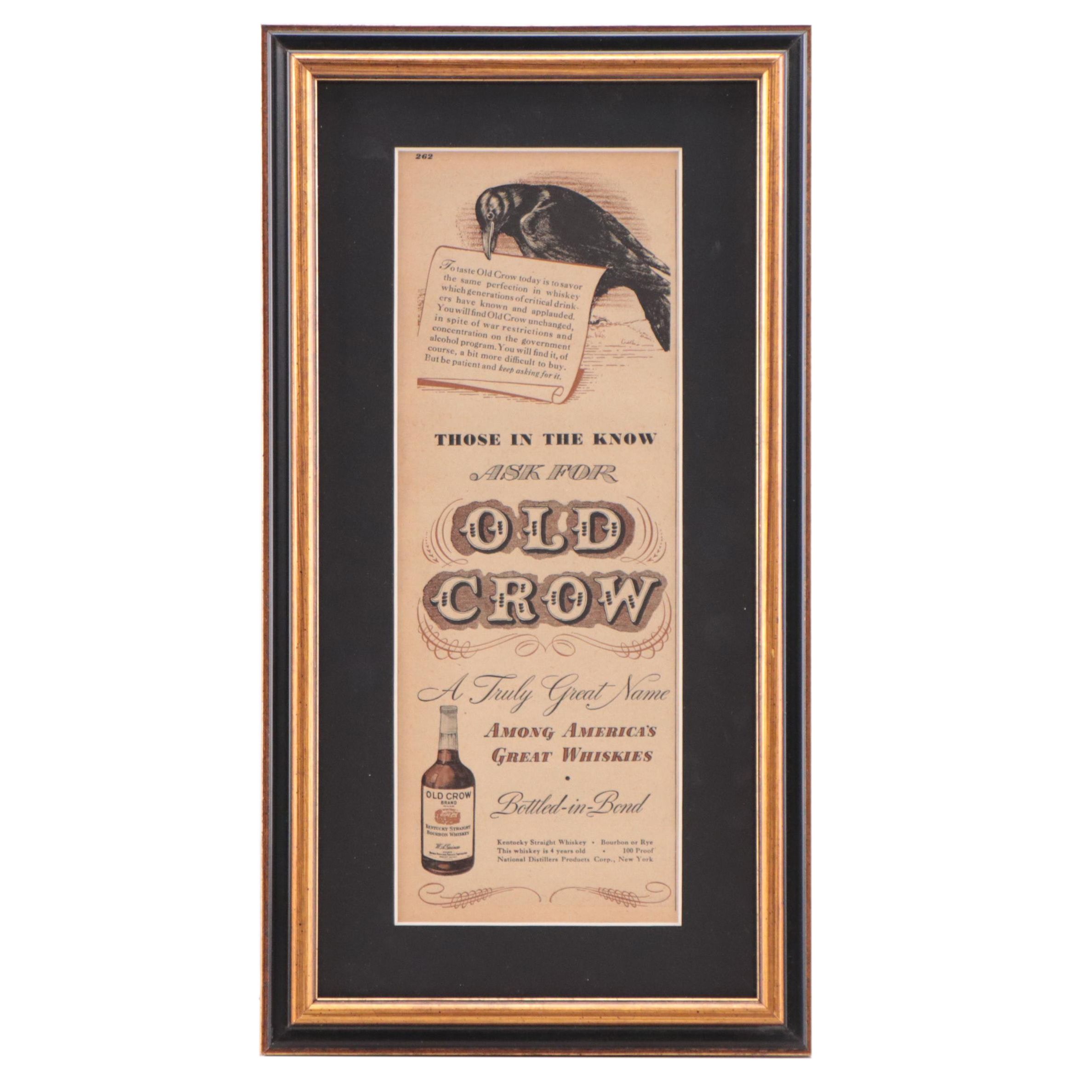 Old Crow Bourbon Whiskey Lithograph Advertisement, 1944