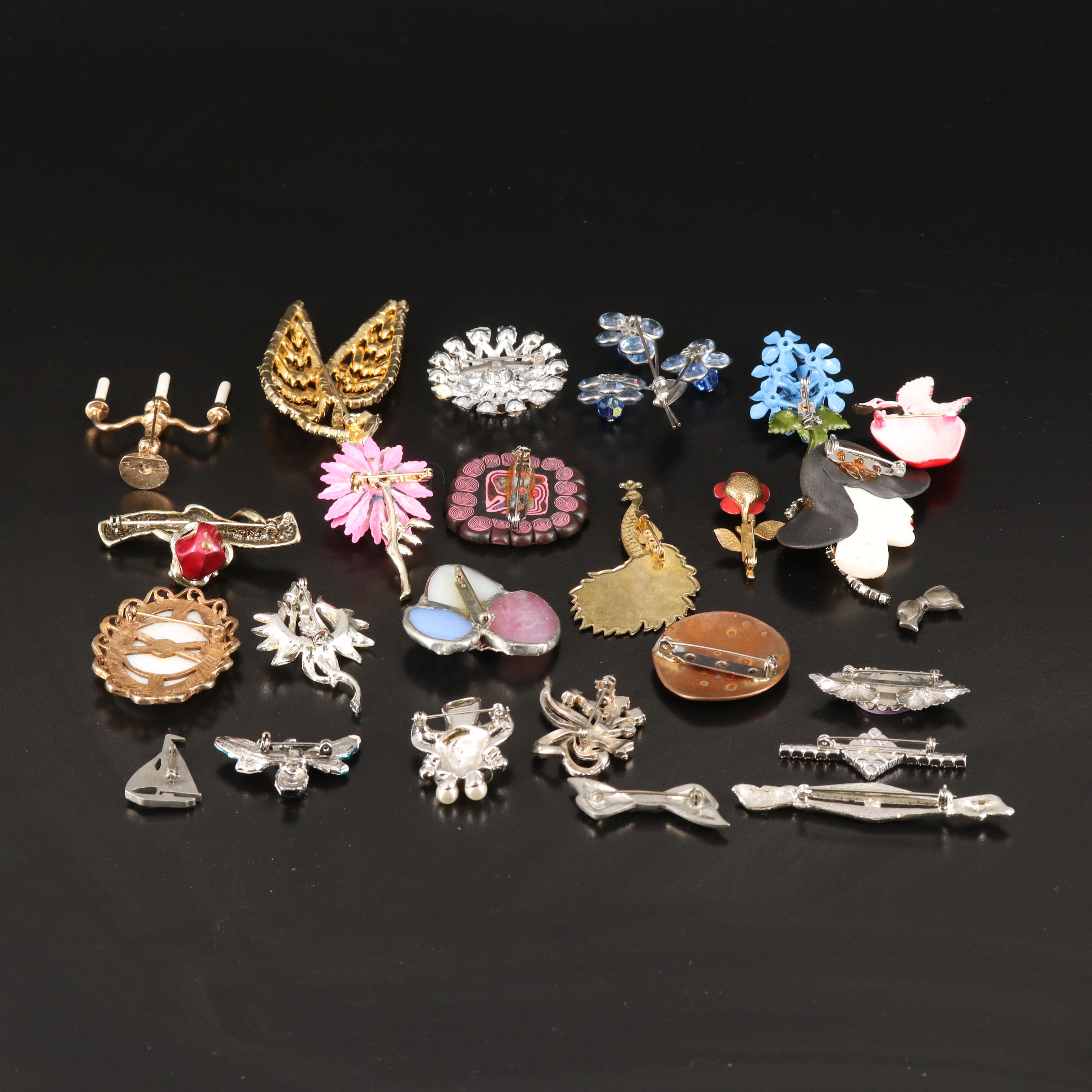 Peacock, Candelabra and Flowers Featured in Vintage Brooch Collection