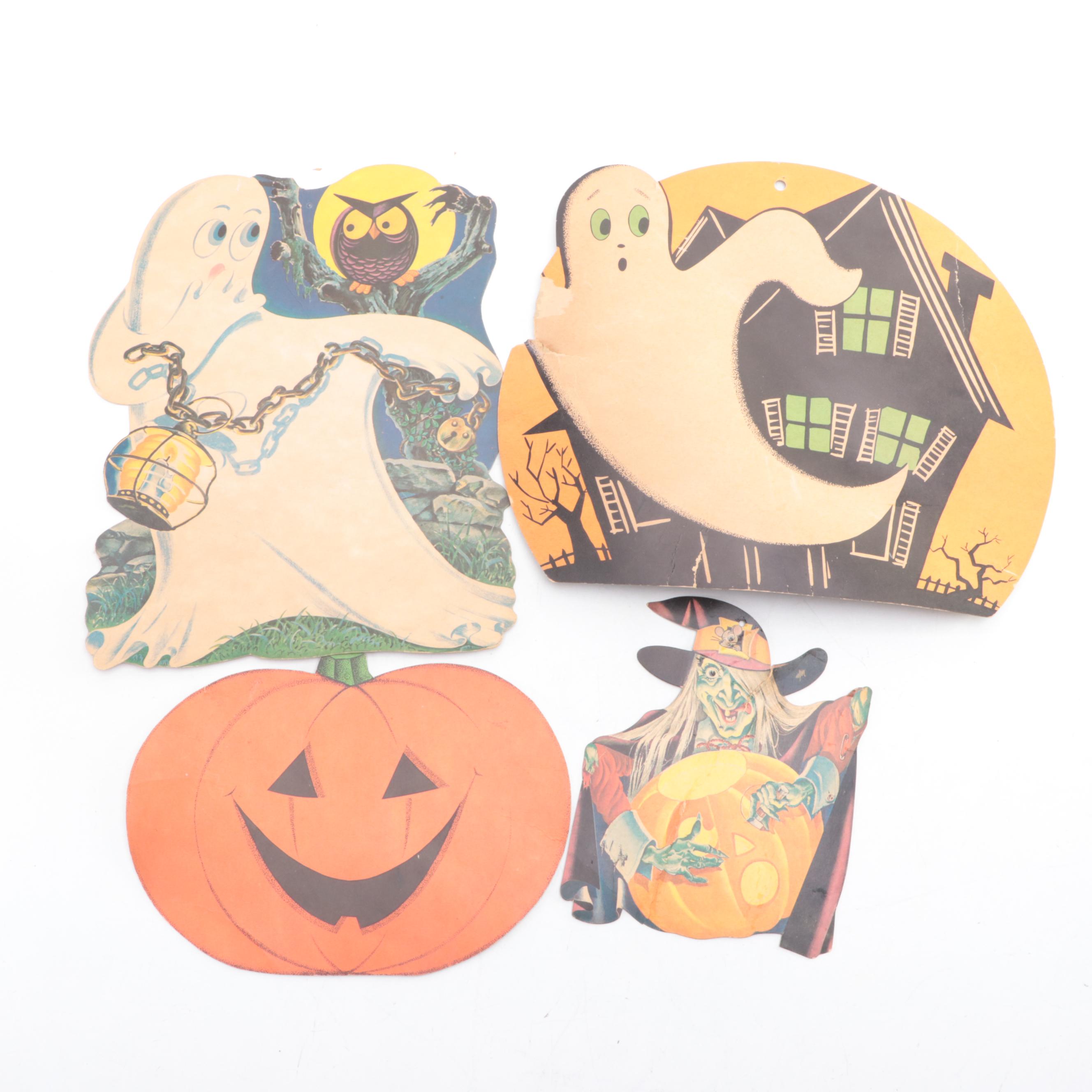 Jack-O-Lantern and Cat Figurine with Other Halloween Decor, Late 20th Century