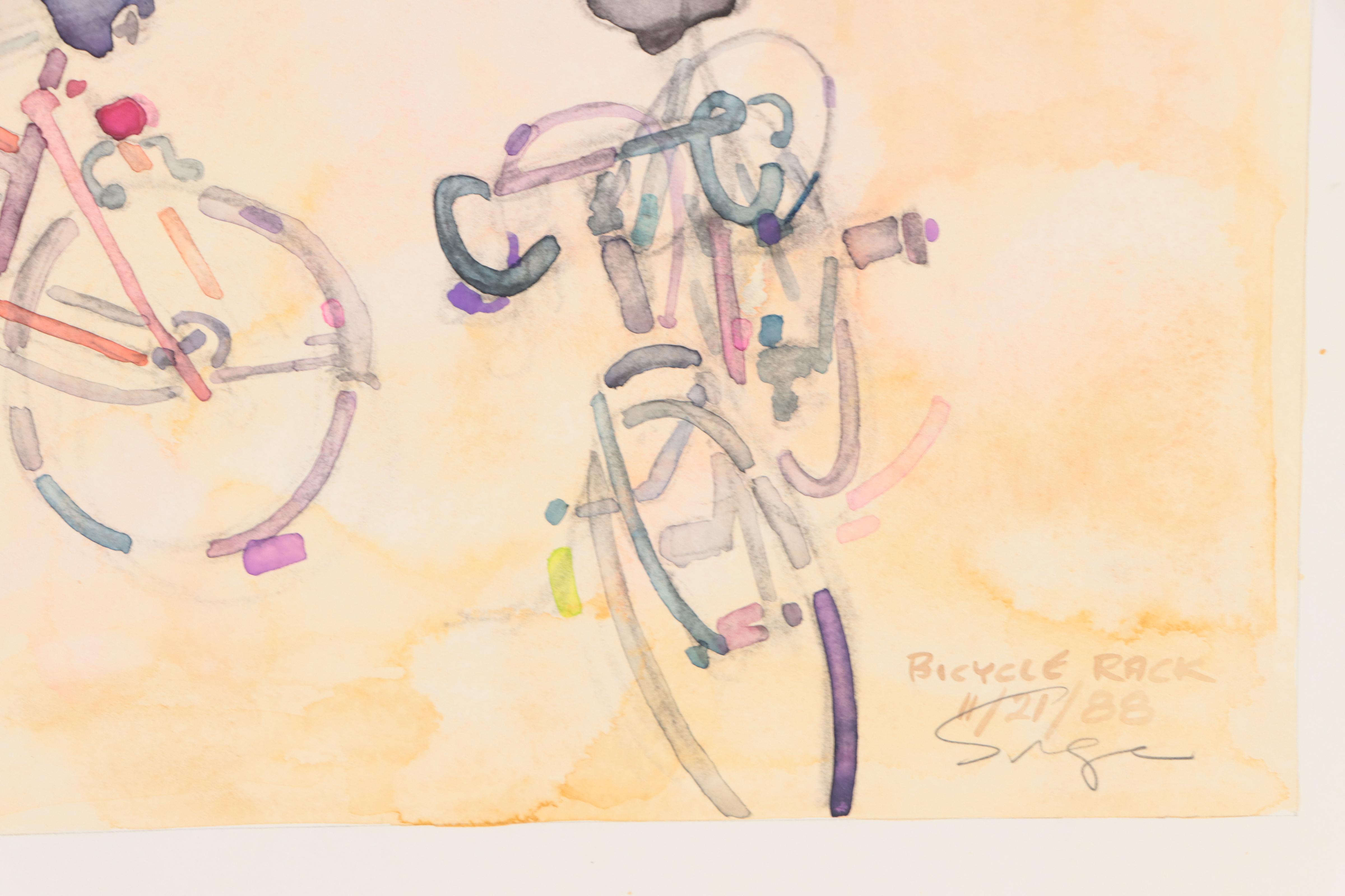 Walter Sorge Abstract Watercolor Painting "Bicycle Rack," 1988
