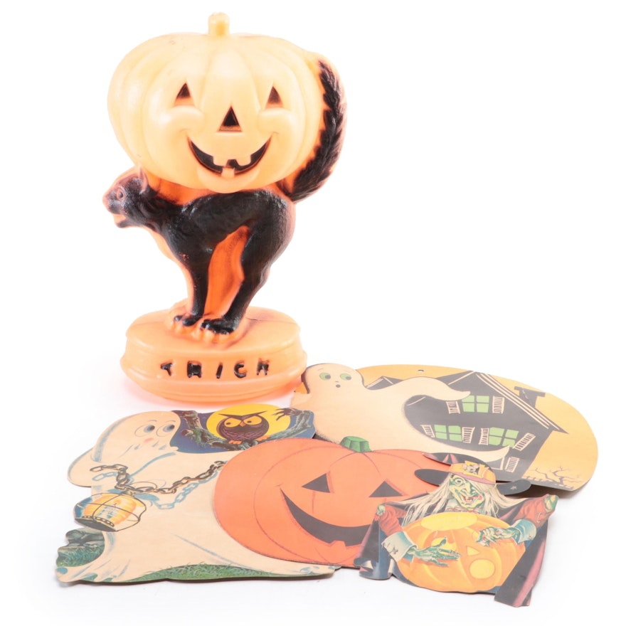Jack-O-Lantern and Cat Figurine with Other Halloween Decor, Late 20th Century