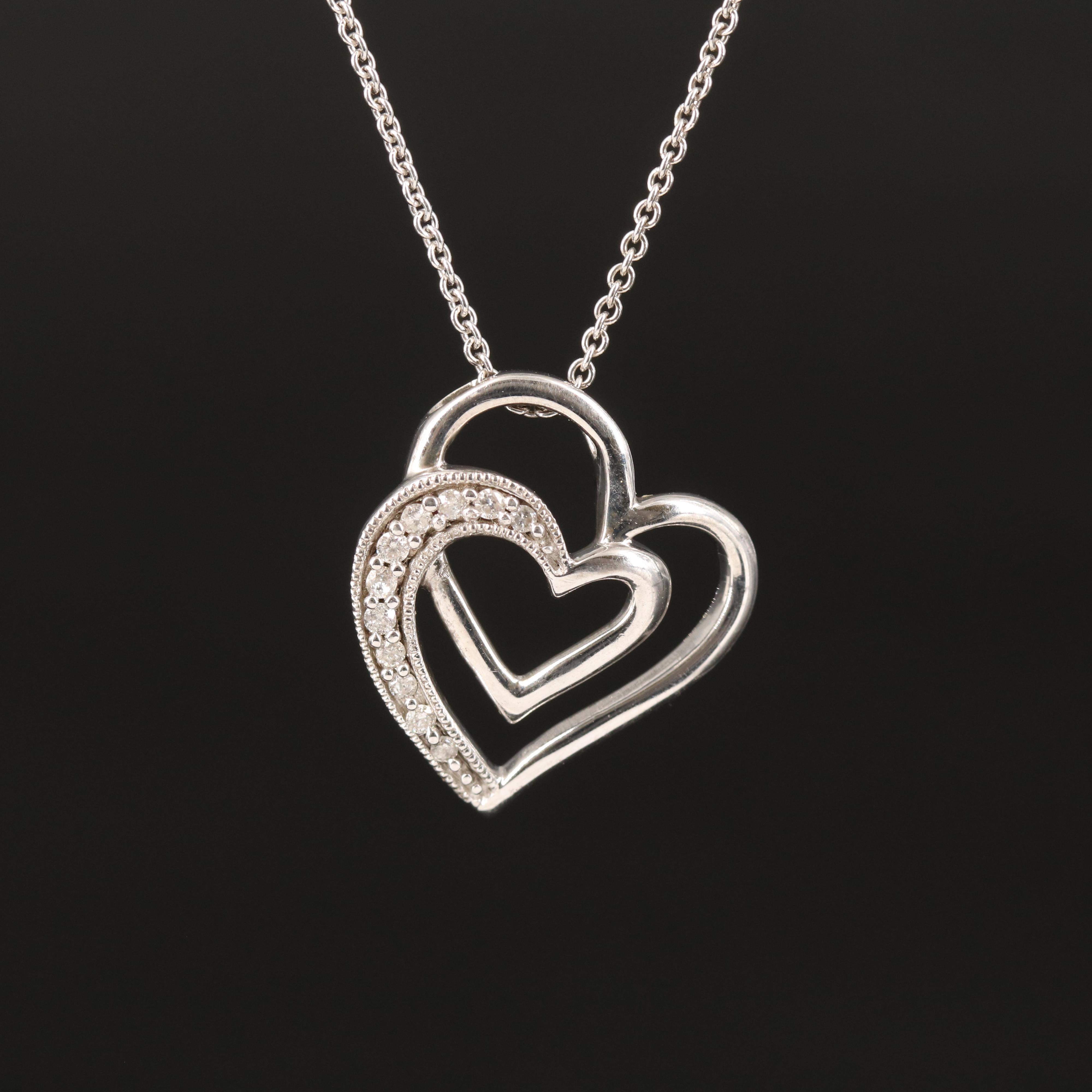 Sterling Diamond Double Heart Pendant Necklace