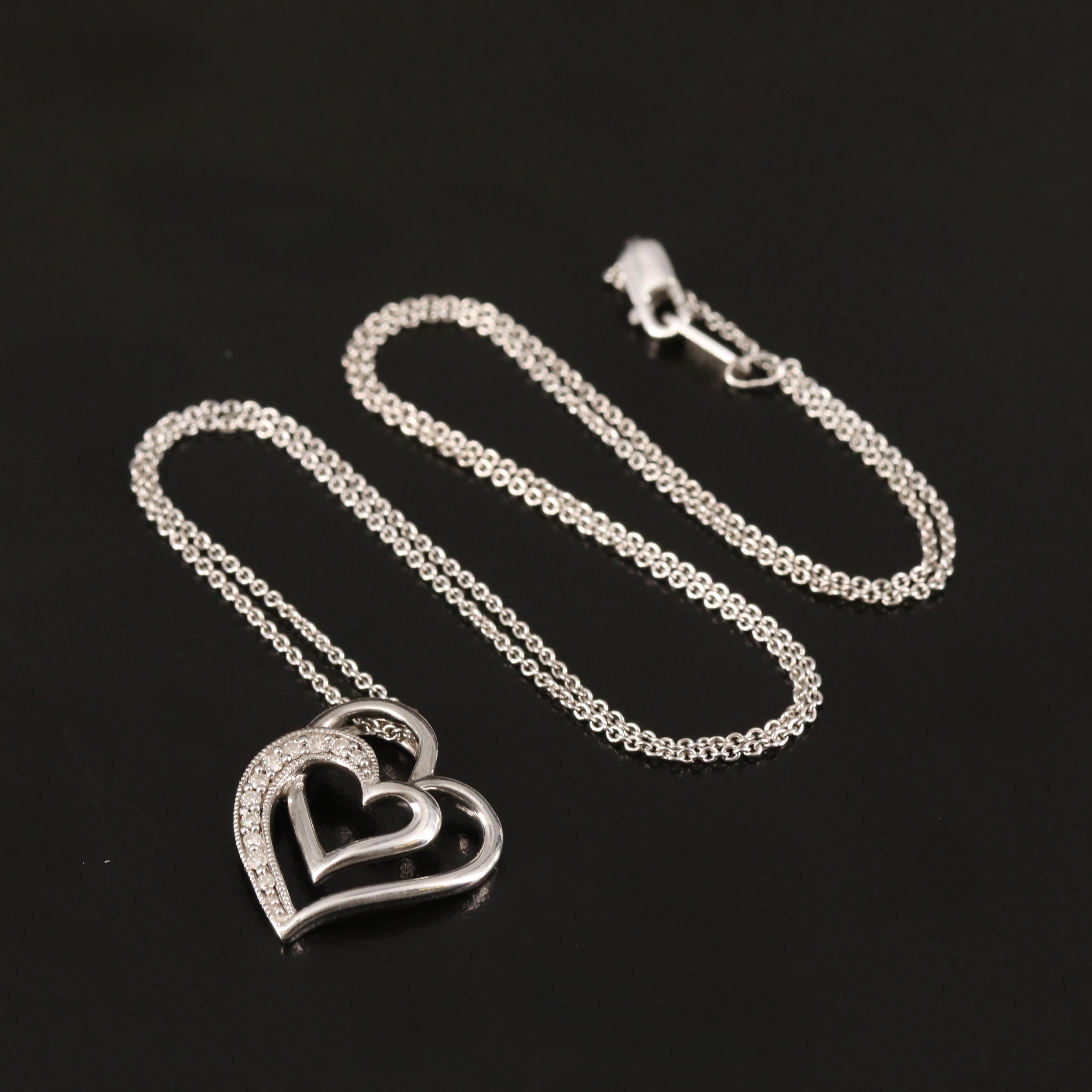 Sterling Diamond Double Heart Pendant Necklace