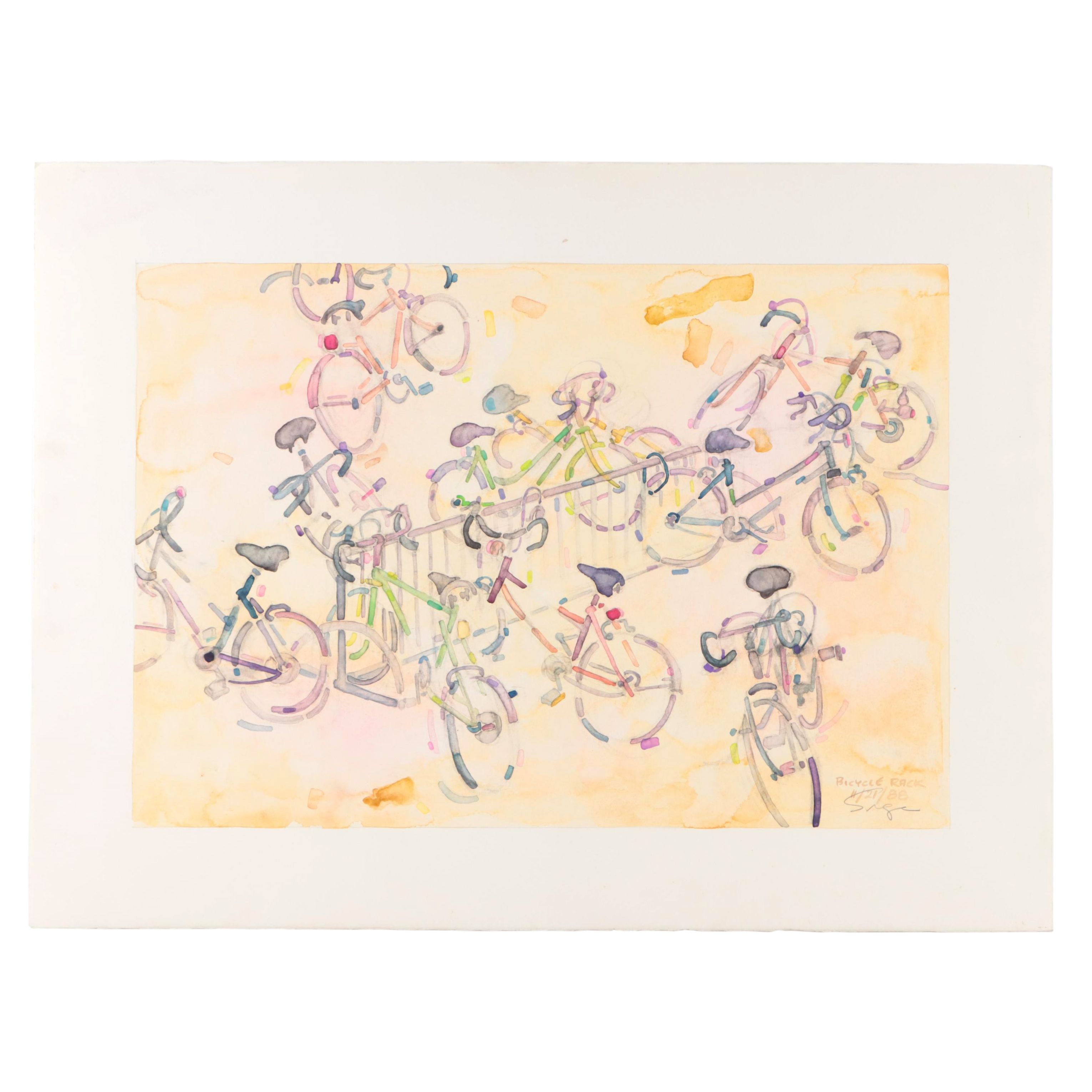Walter Sorge Abstract Watercolor Painting "Bicycle Rack," 1988