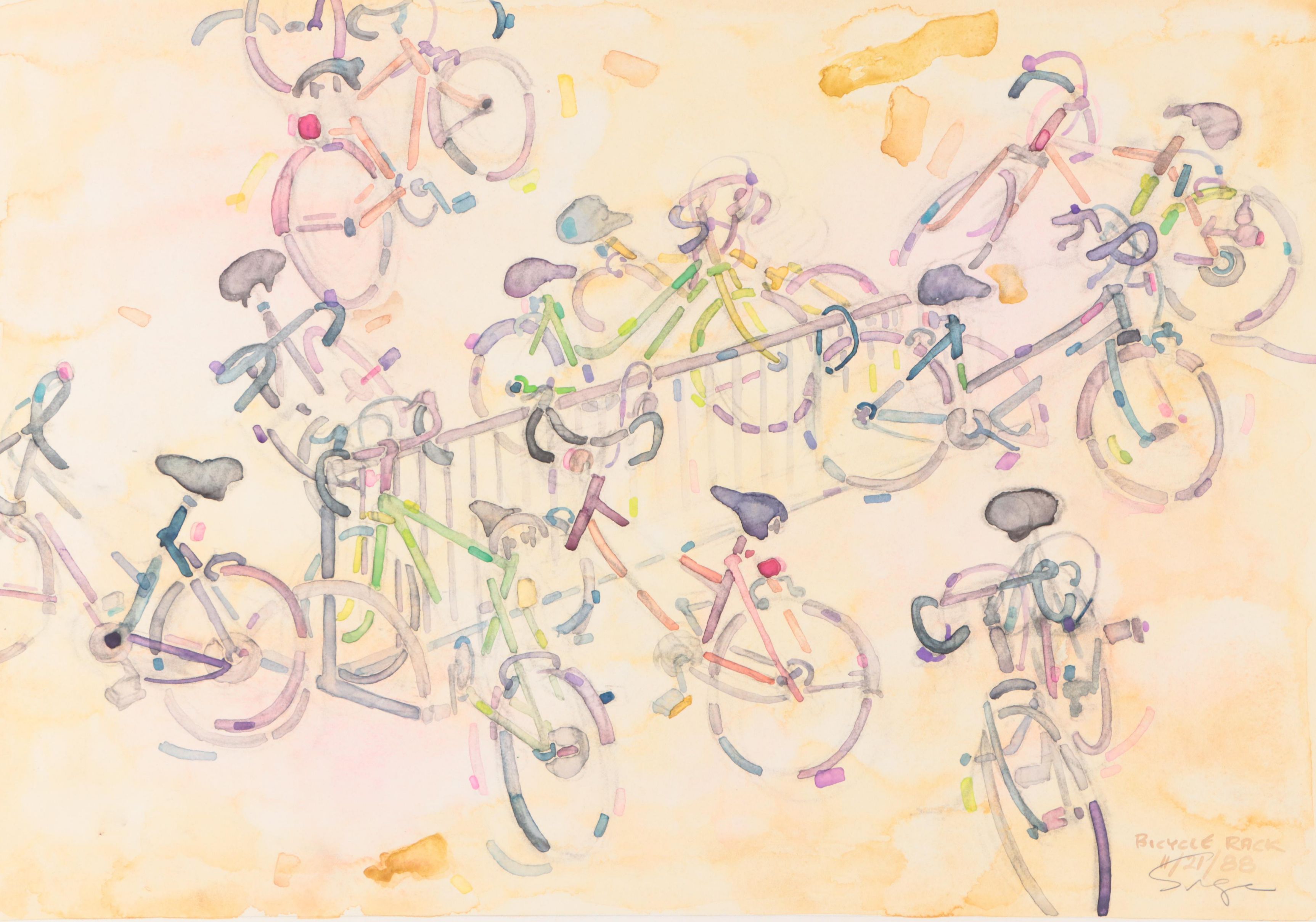 Walter Sorge Abstract Watercolor Painting "Bicycle Rack," 1988