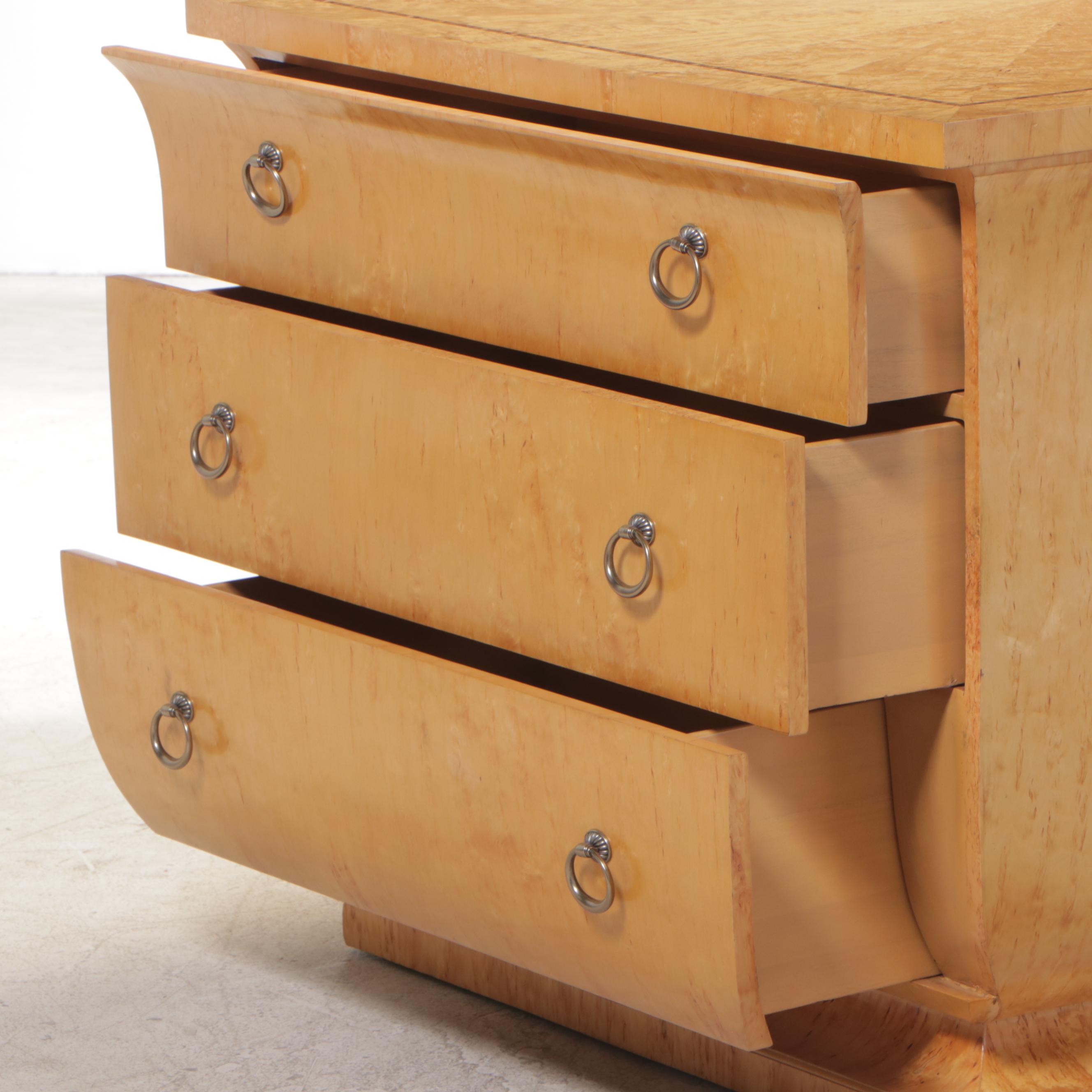 Thomasville "Bogart Luxe" Art Deco Style Burl Wood Chest with Wall Mirror