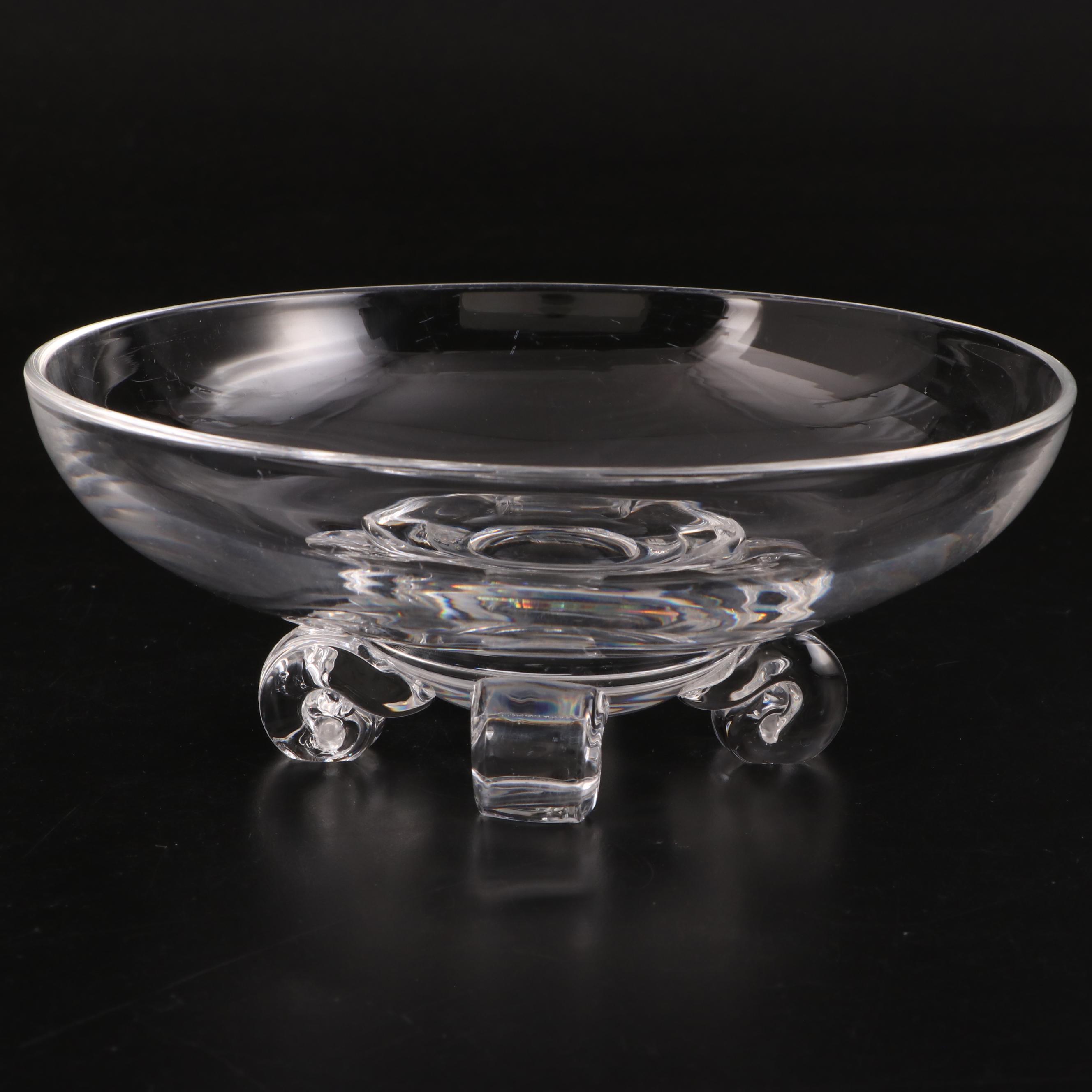 Steuben Art Glass Scroll-Footed Bowl with Scroll Handle Dishes