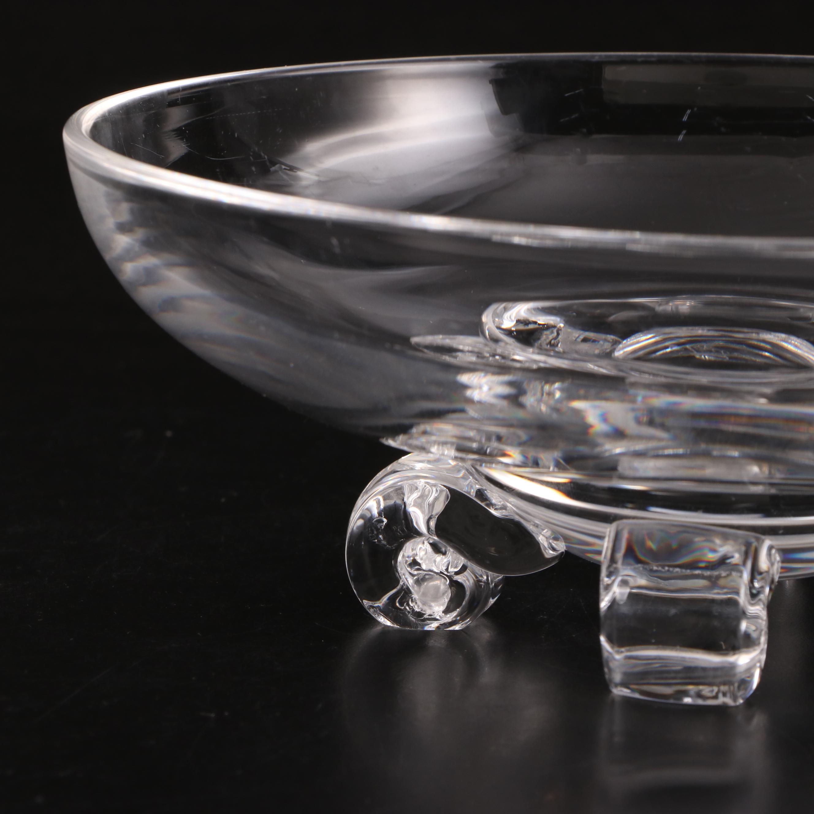 Steuben Art Glass Scroll-Footed Bowl with Scroll Handle Dishes